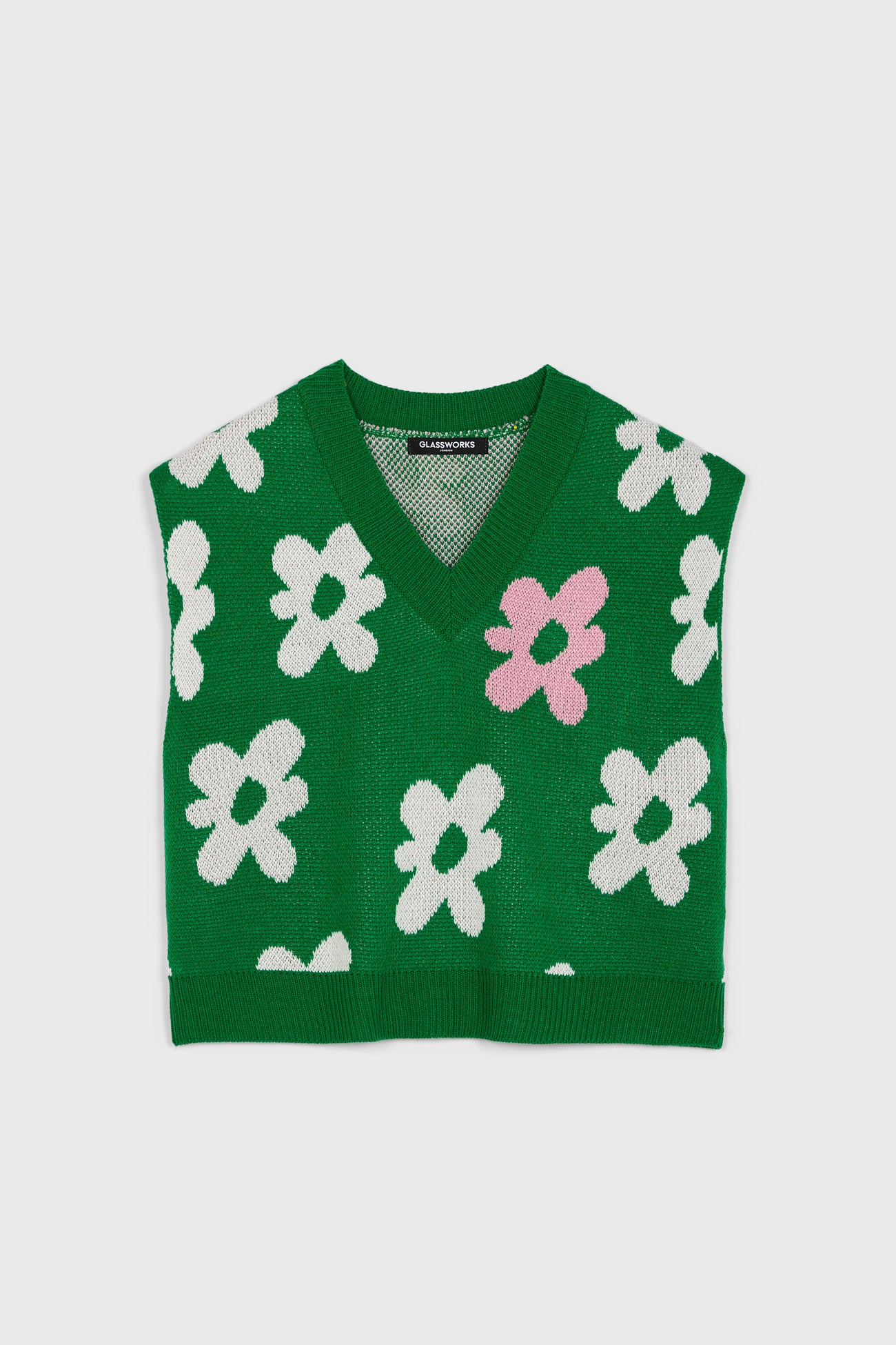 Green white and pop pink graphic floral sweater vest_6