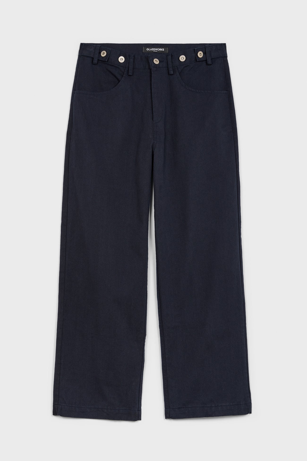 Navy blue adjustable waist double button jeans_6