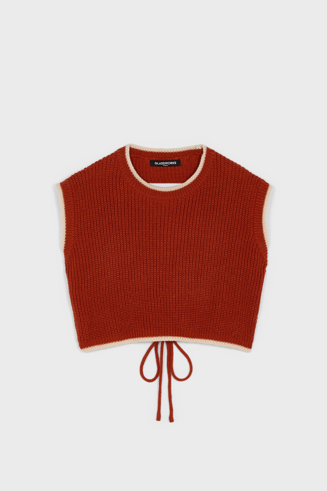 Rust brown and ivory trim open tie back sweater vest_6