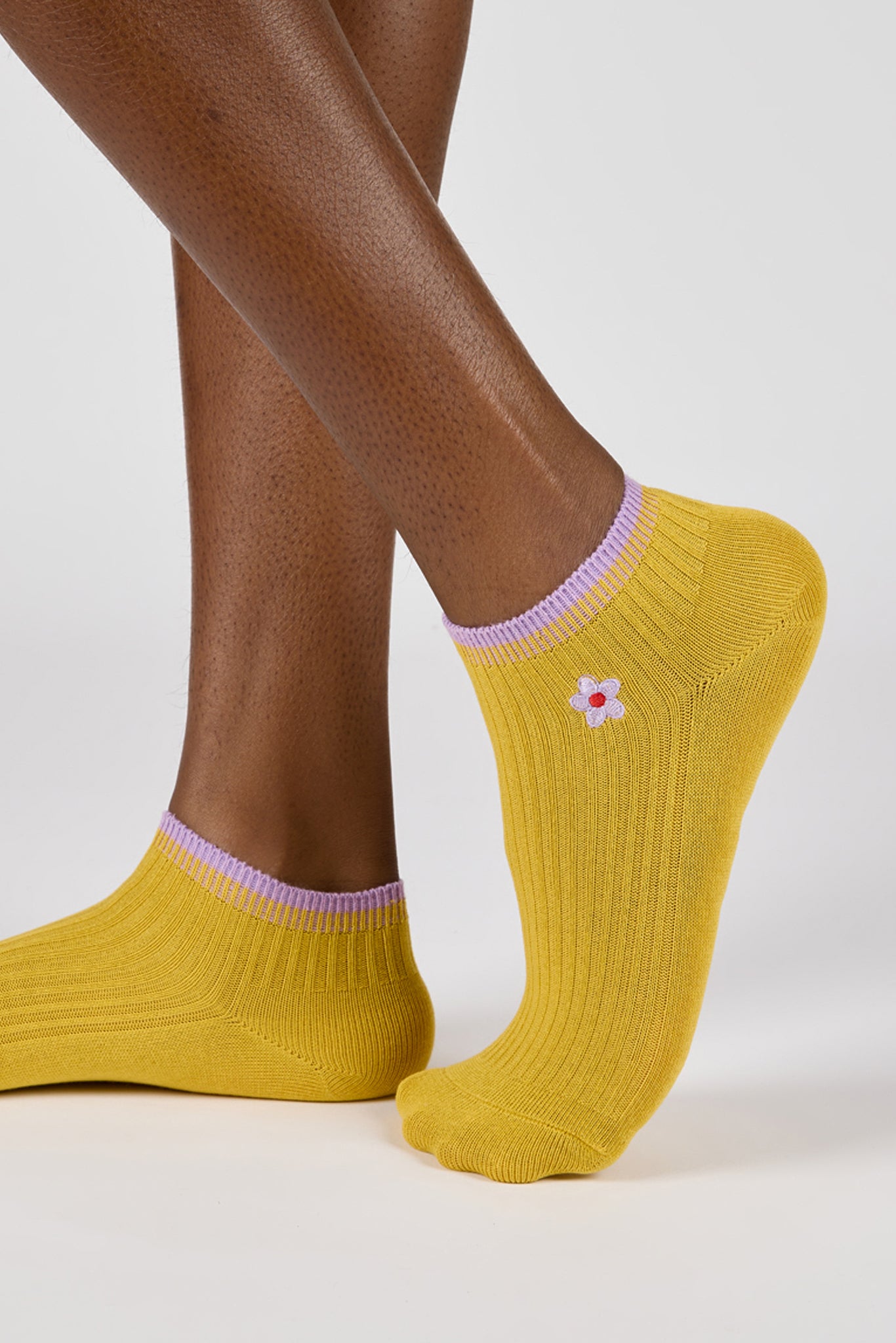 Mustard and tiny purple embroidered flower short socks_1