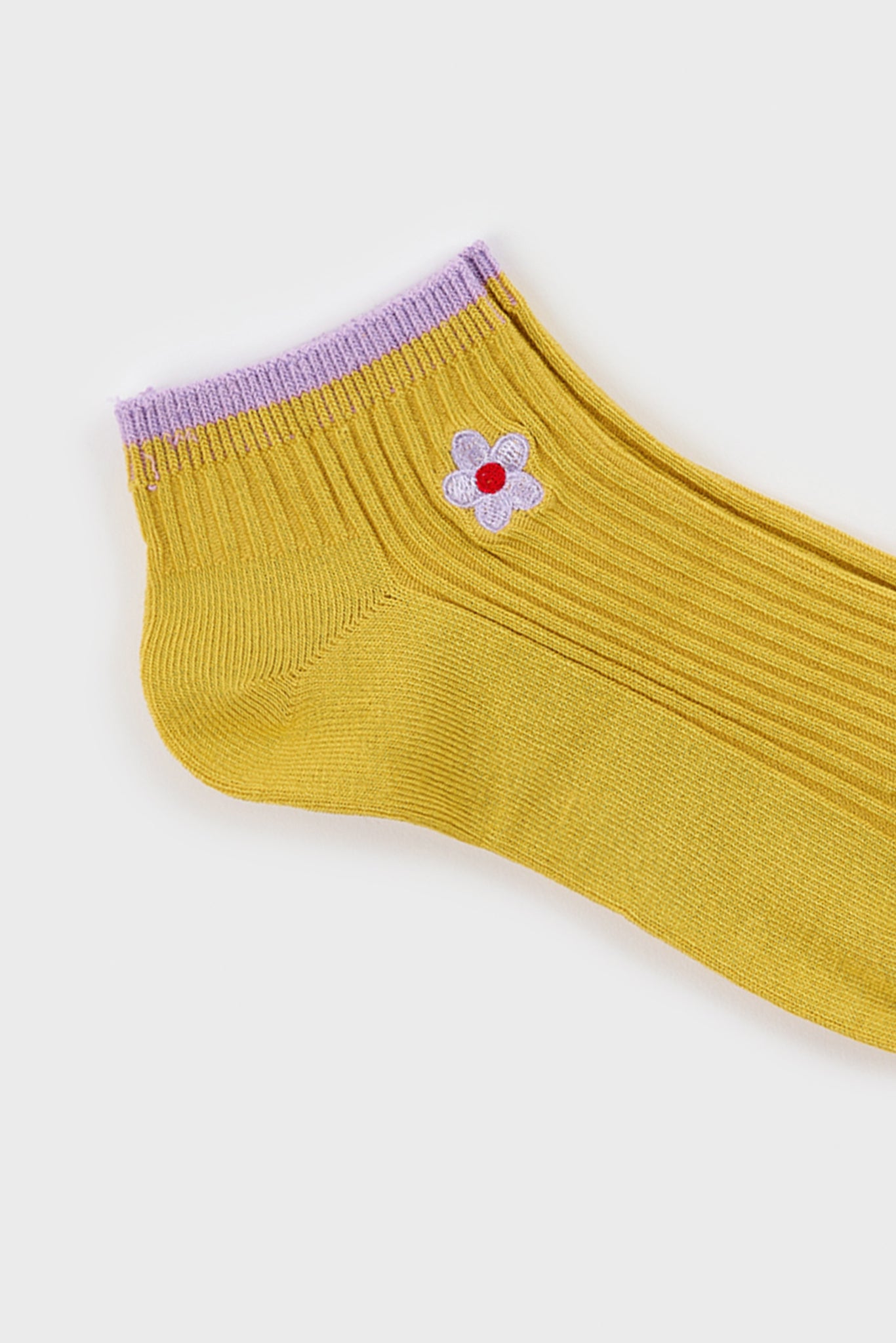 Mustard and tiny purple embroidered flower short socks_4