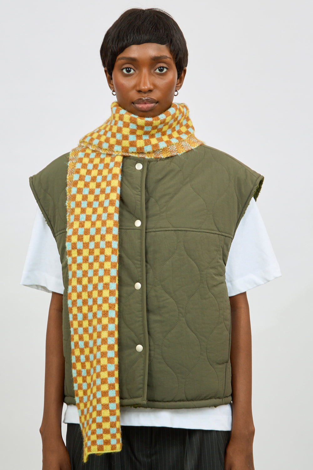 Mustard beige and blue gingham scarf_5