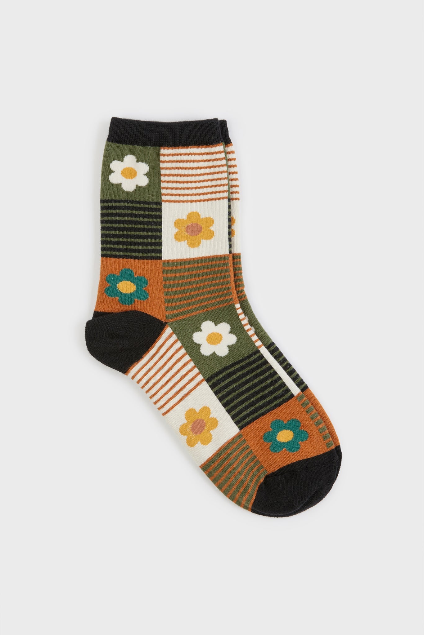 Mustard and green floral striped check socks_2
