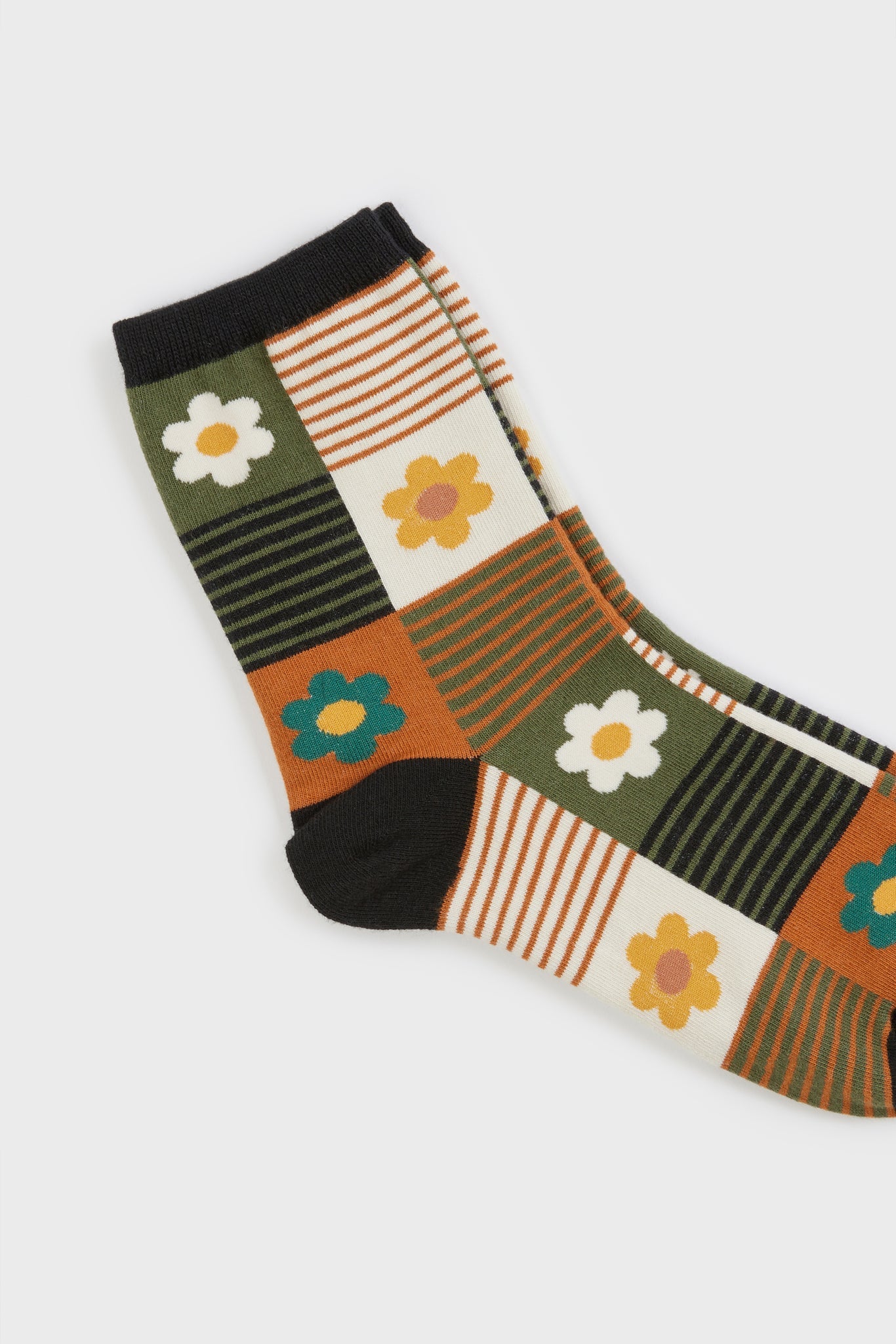 Mustard and green floral striped check socks_3