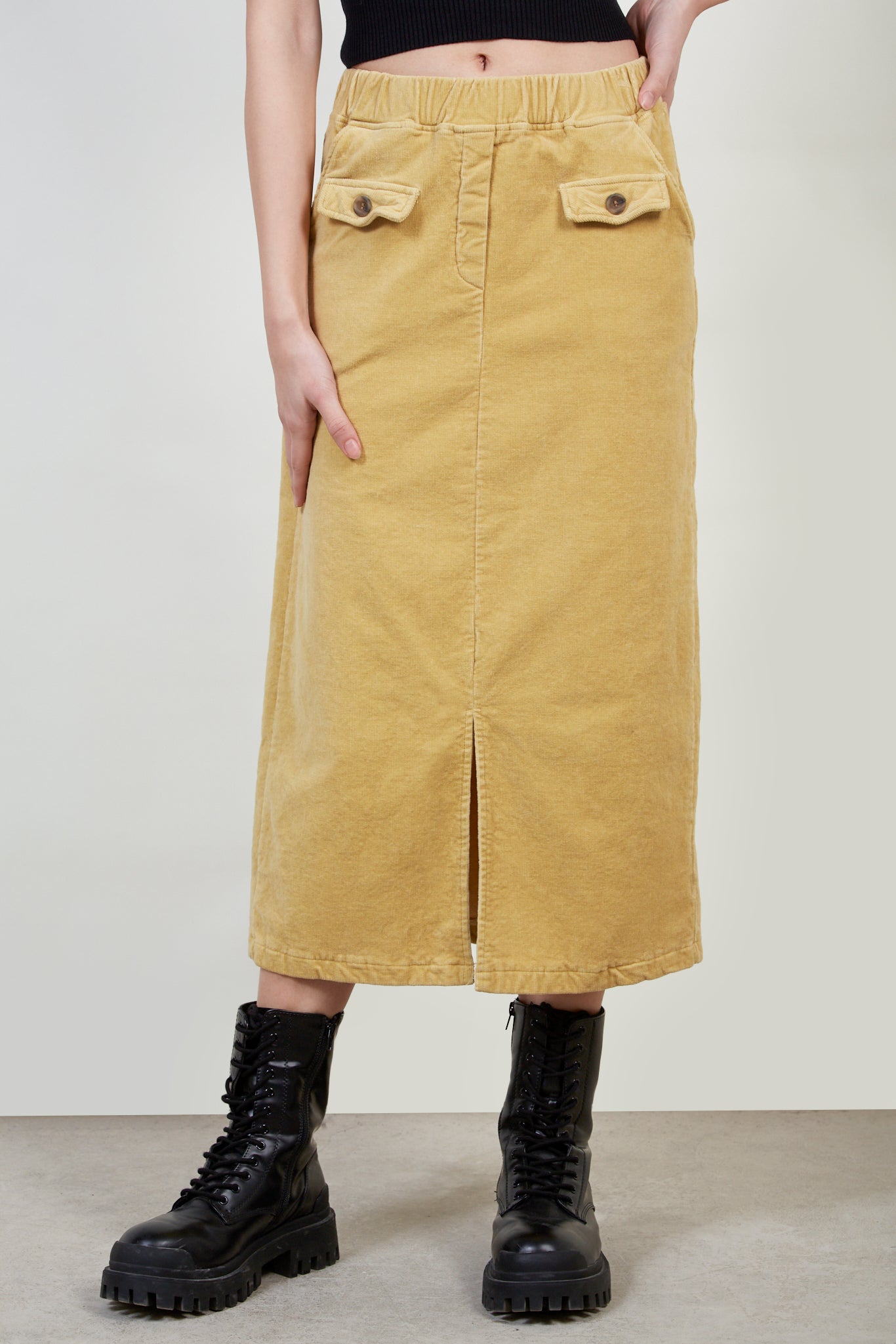 Mustard corduroy slit back skirt_1