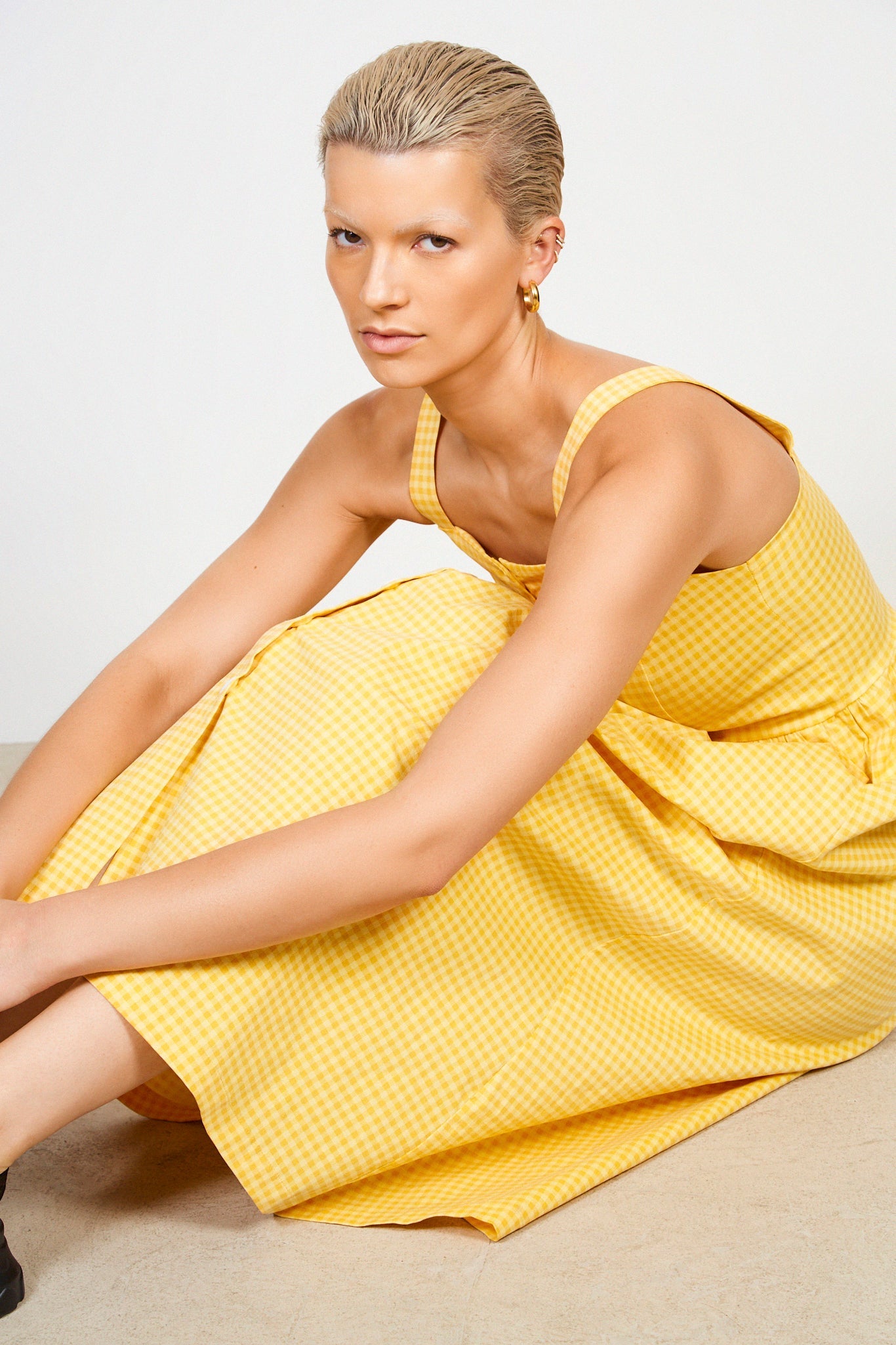 Mustard gingham button front dress_4