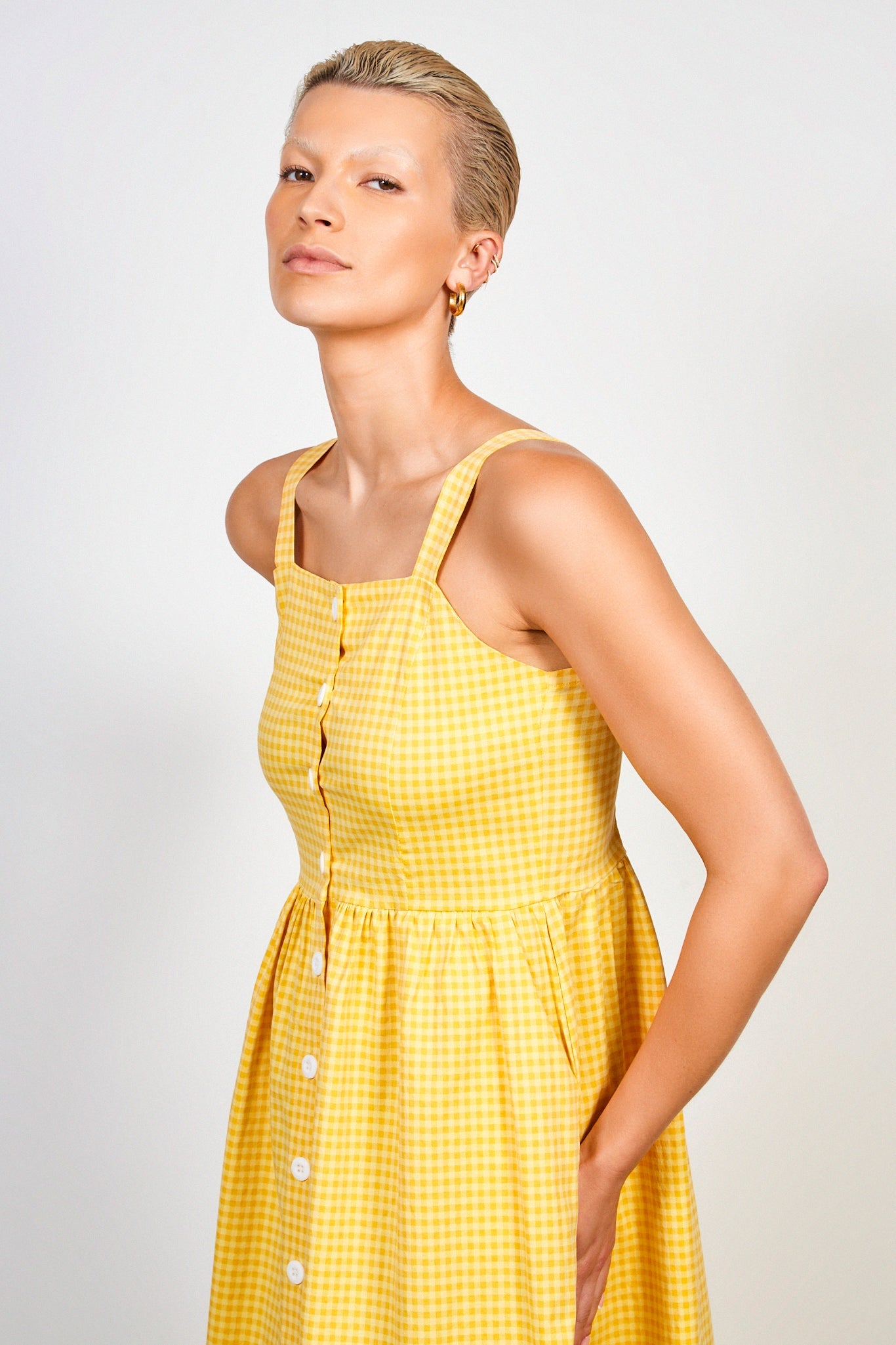 Mustard gingham button front dress_5