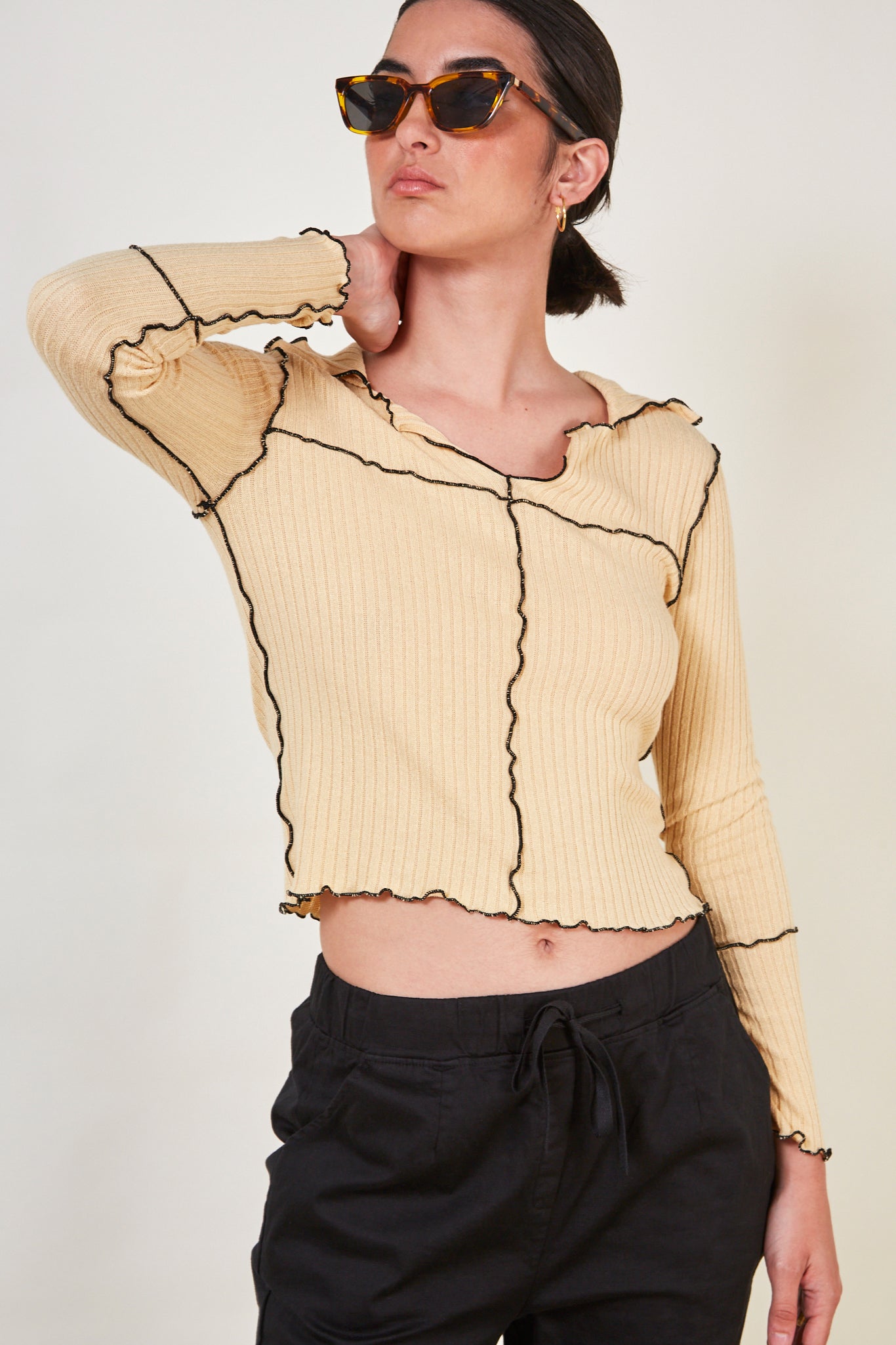 Mustard yellow and black trim collar top_1