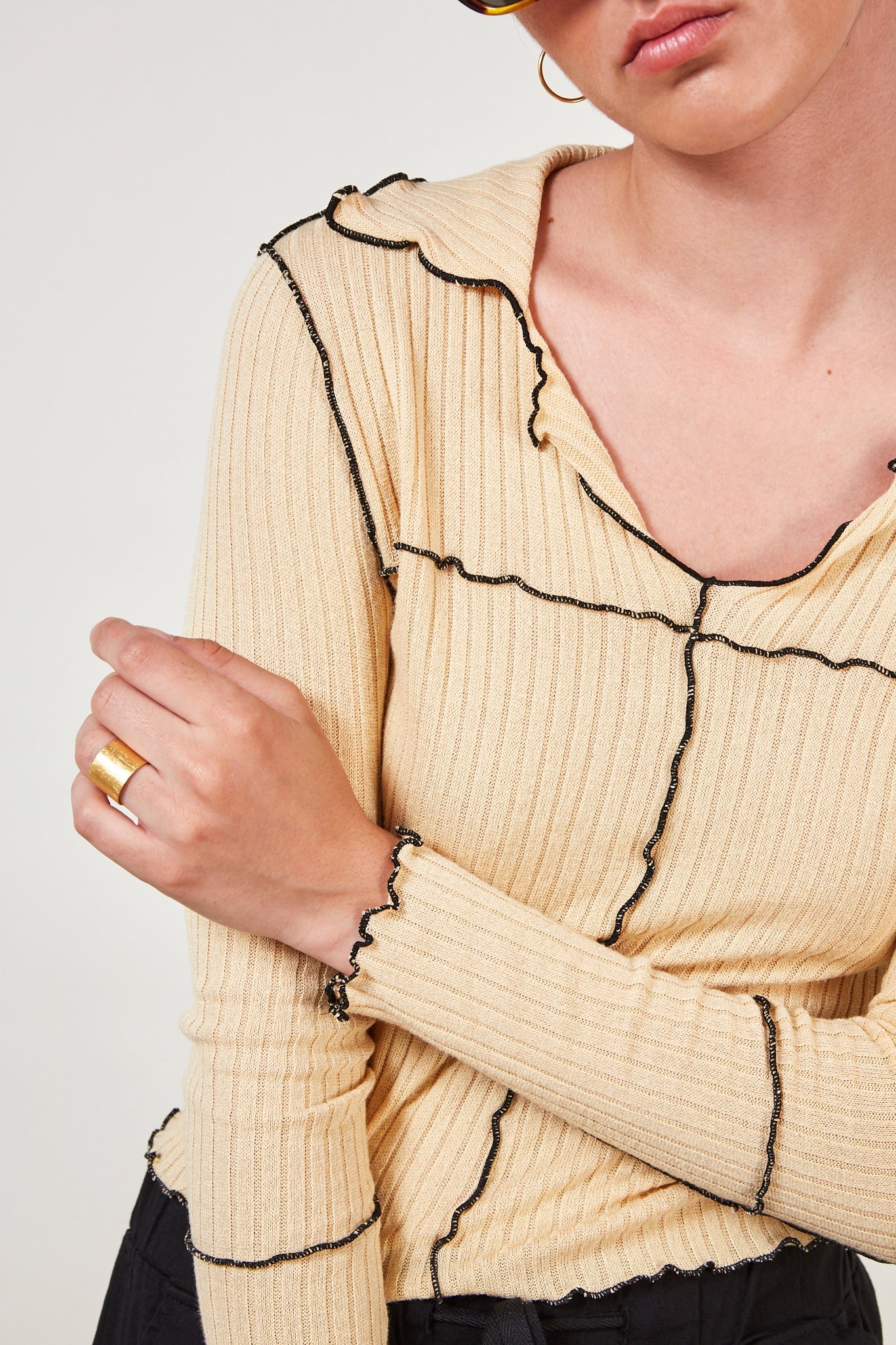 Mustard yellow and black trim collar top_4