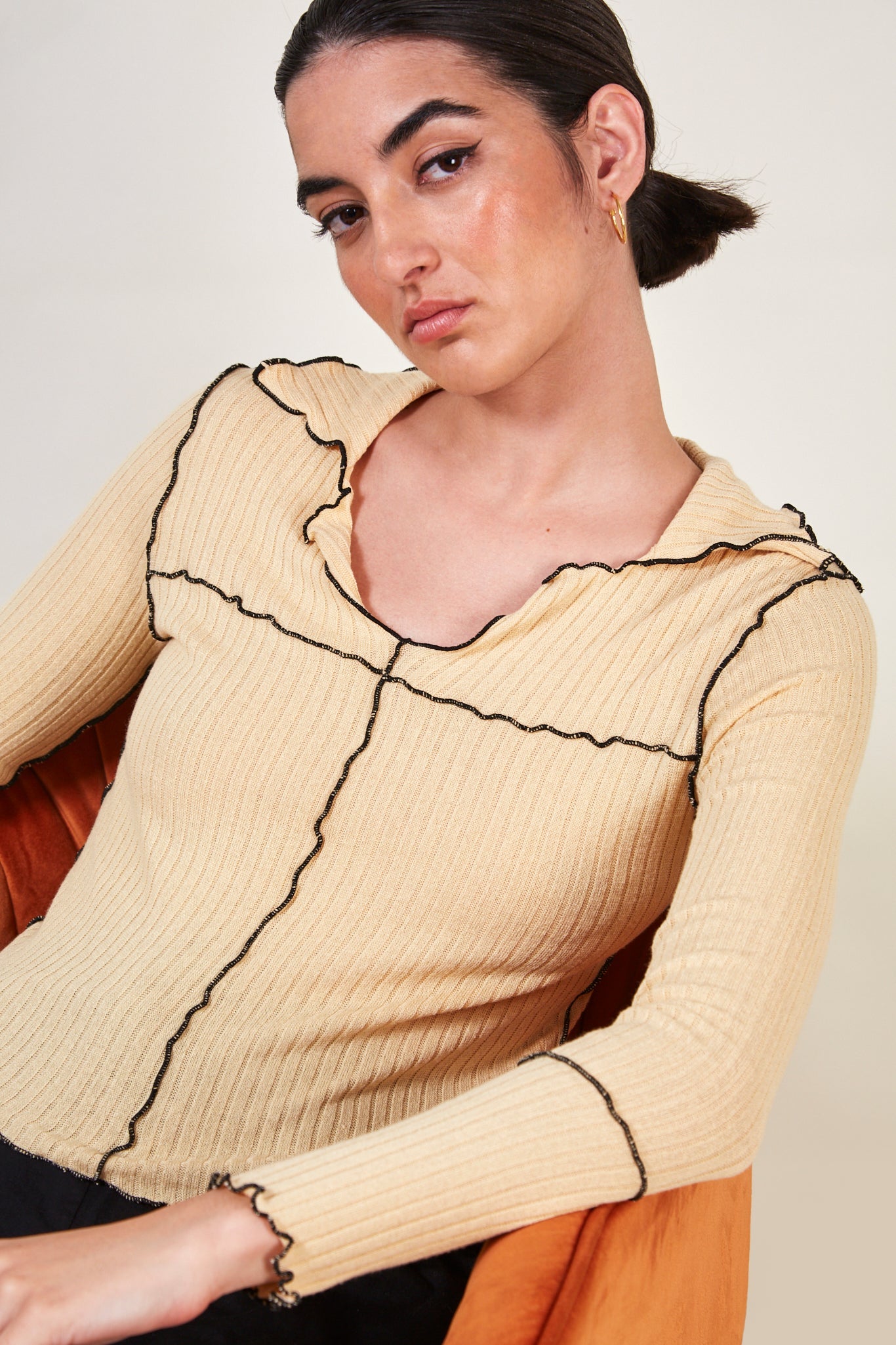 Mustard yellow and black trim collar top_2