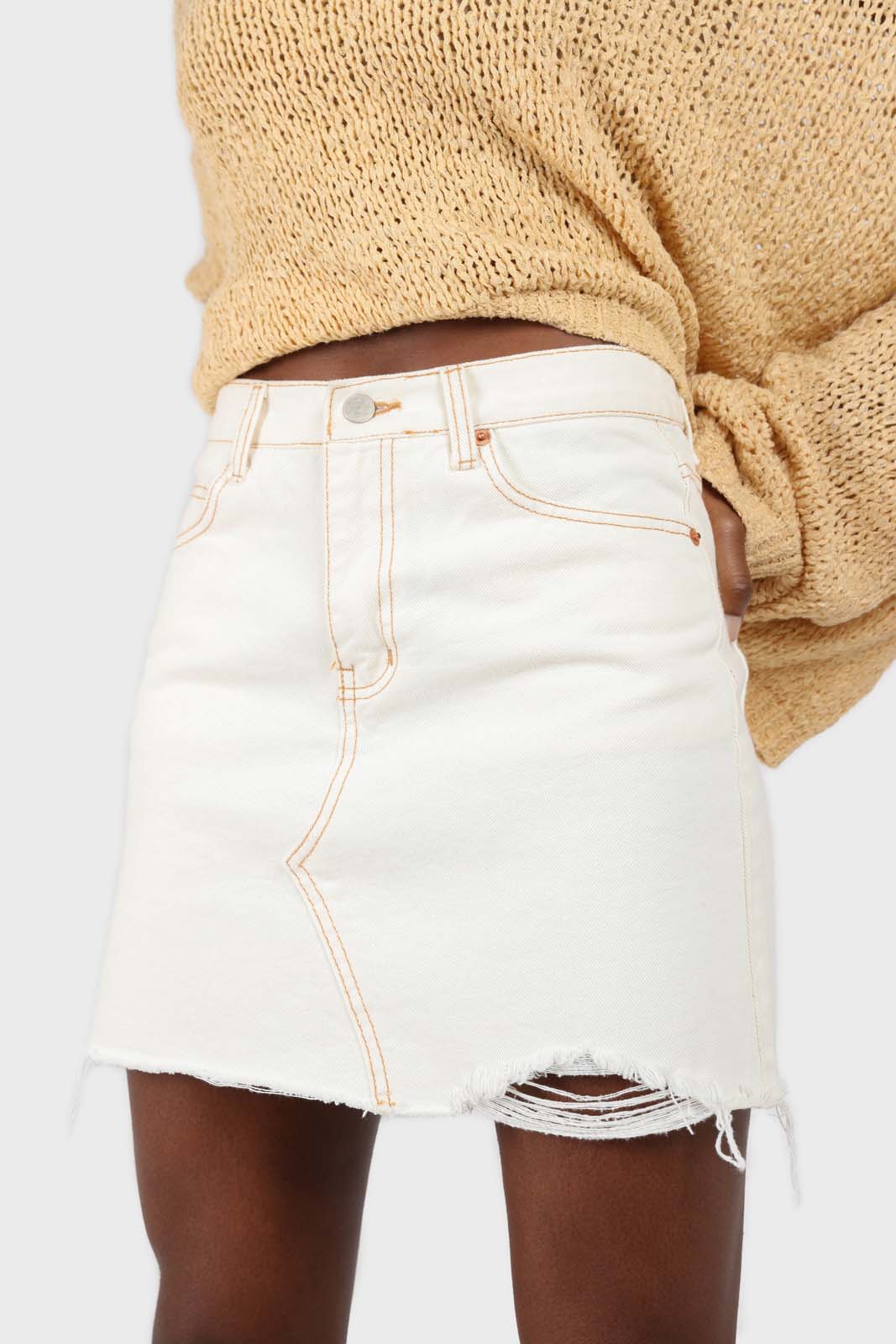 Natural ivory raw hem denim mini skirt - 3755_2