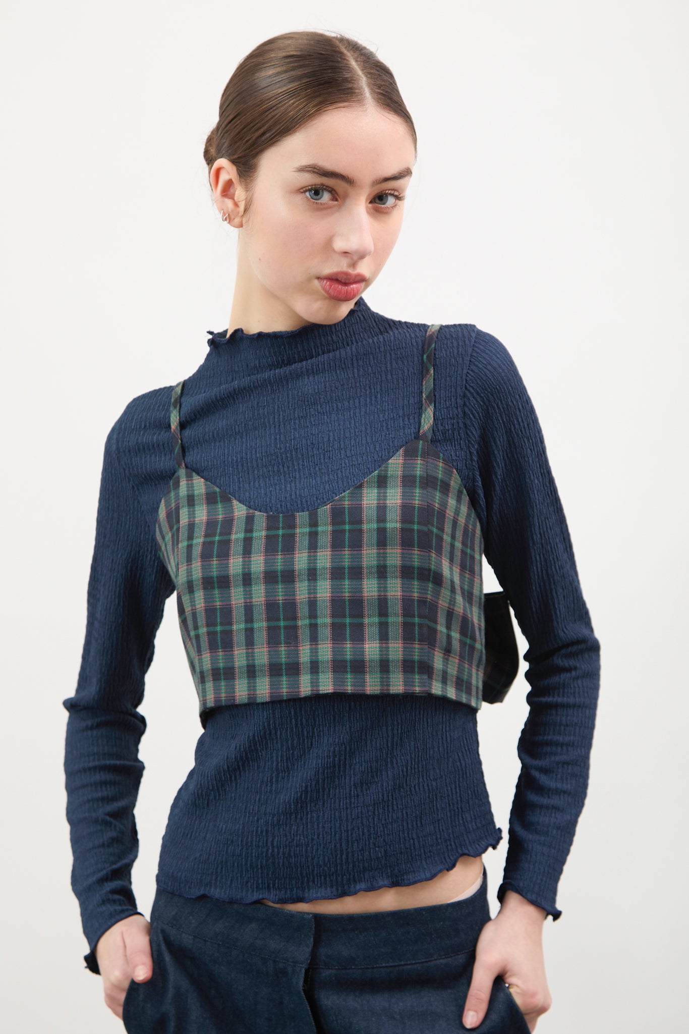 Navy and green plaid tie back tank_1
