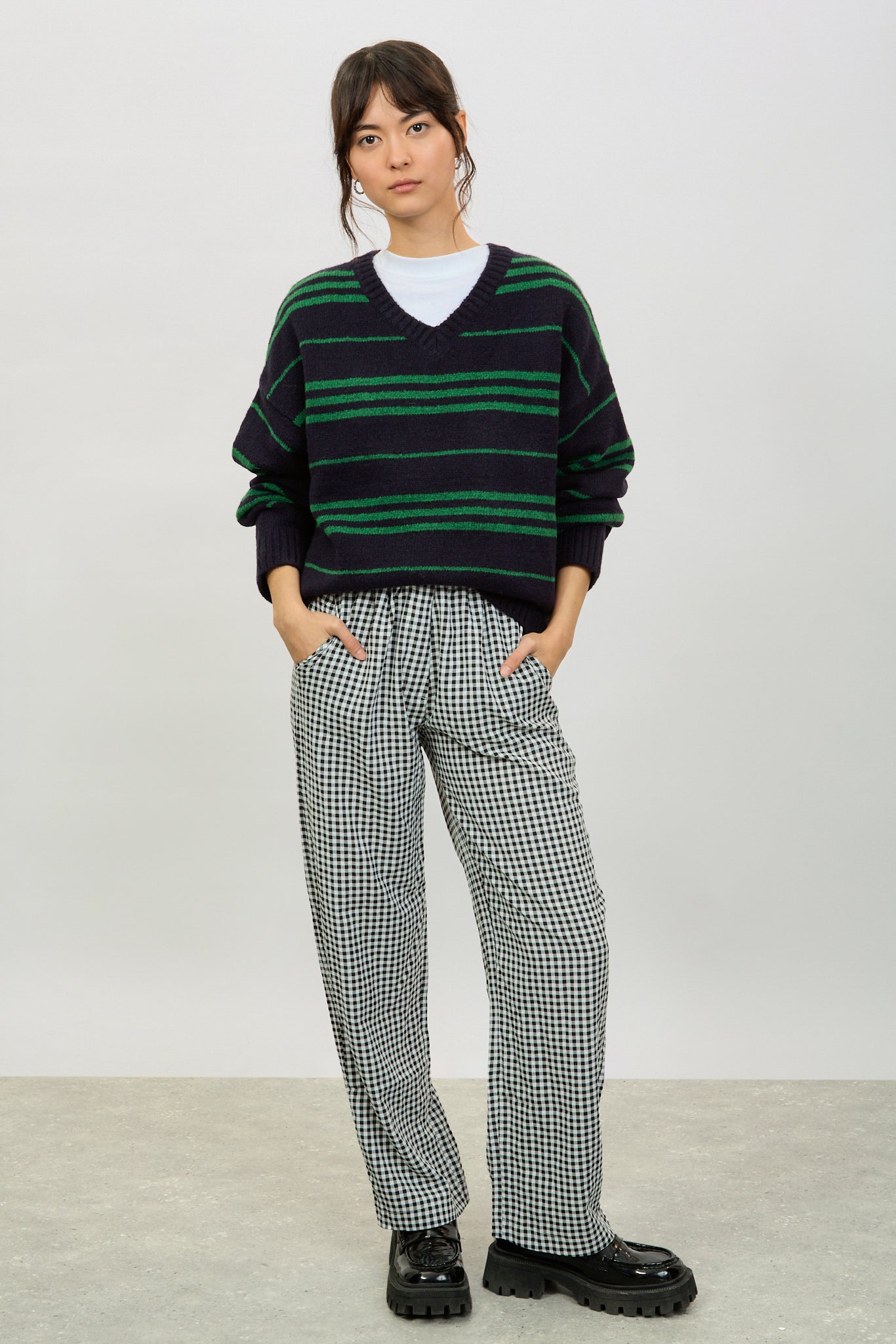 Navy and green striped V-neck jumper_4