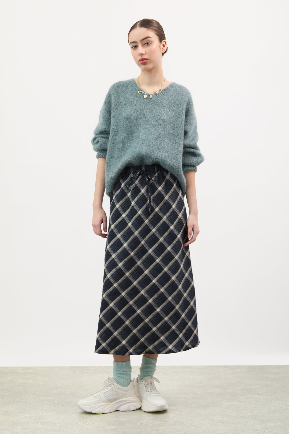 Navy and ivory bias plaid skirt_3