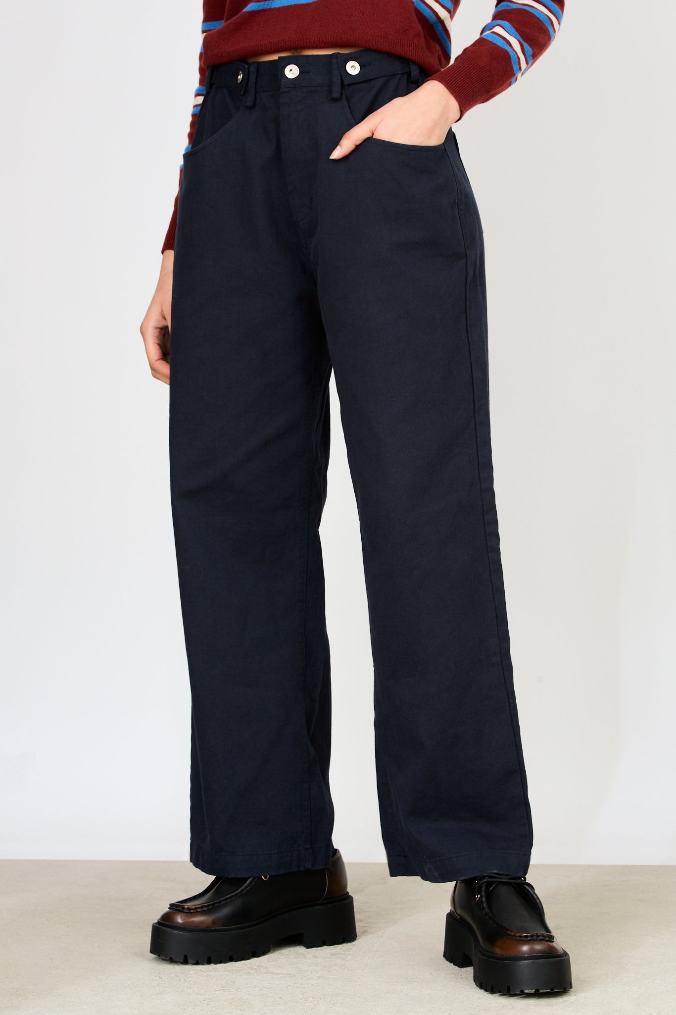 Navy blue adjustable waist double button jeans_1