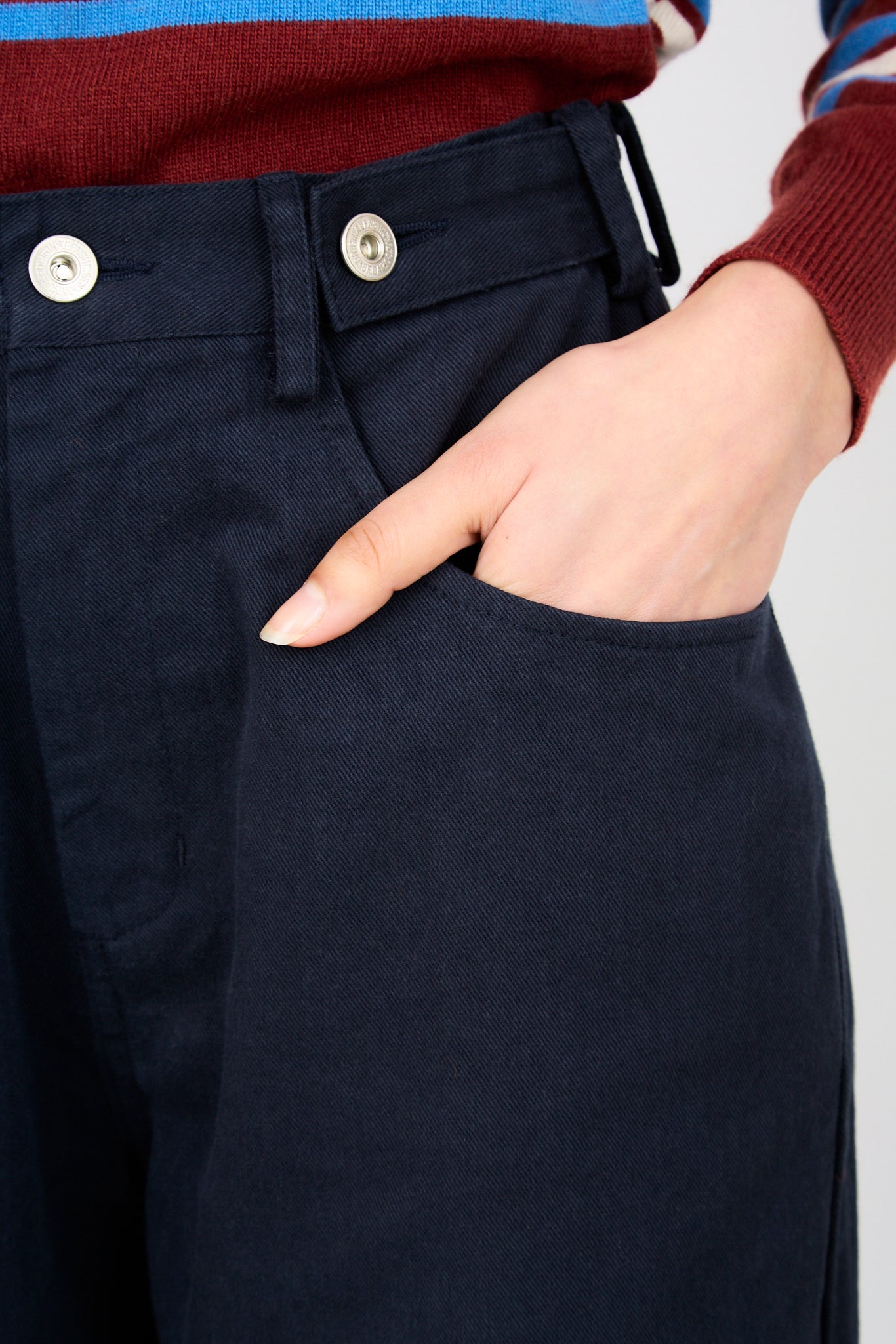 Navy blue adjustable waist double button jeans_3