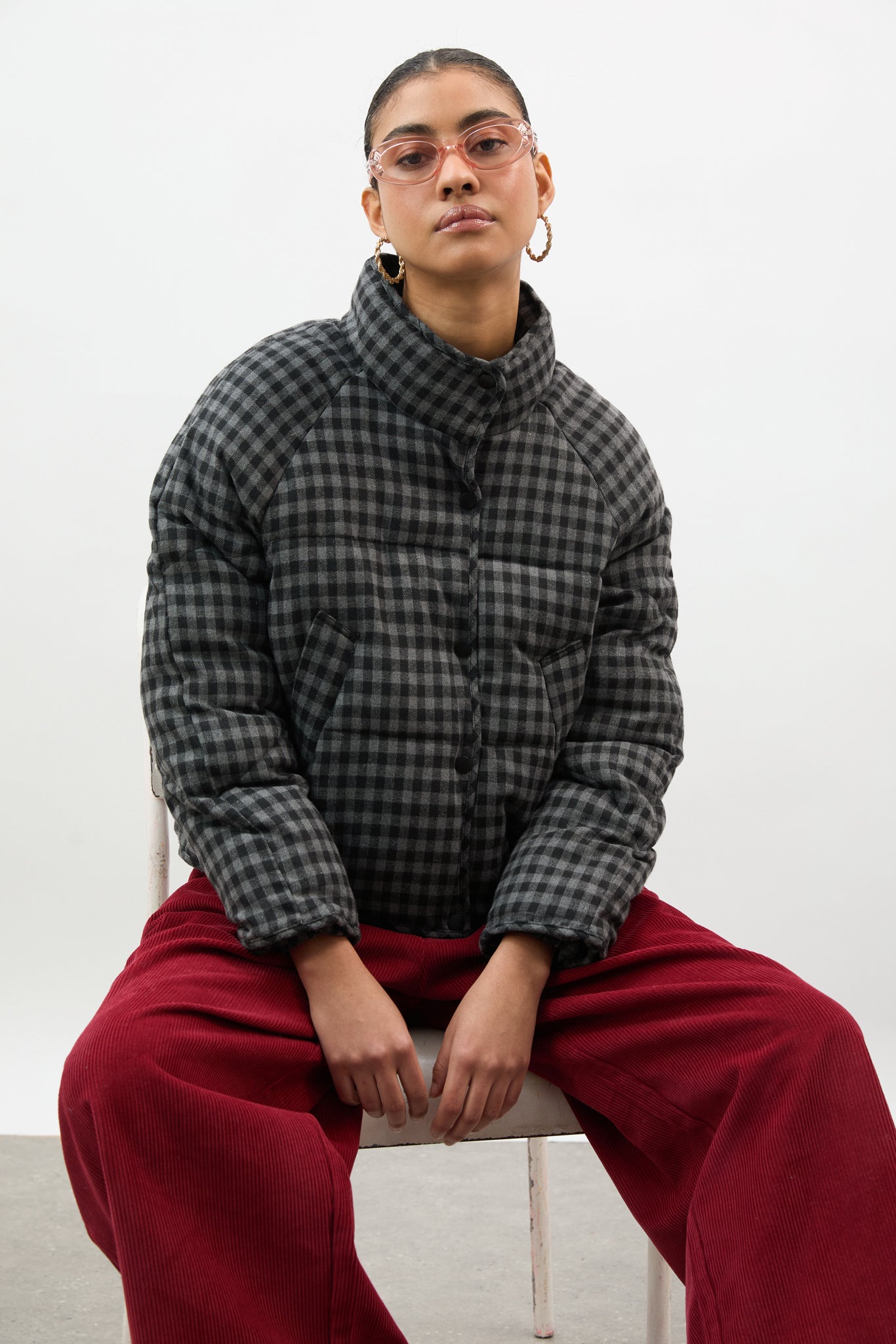 Navy blue and black gingham short puffer coat_1