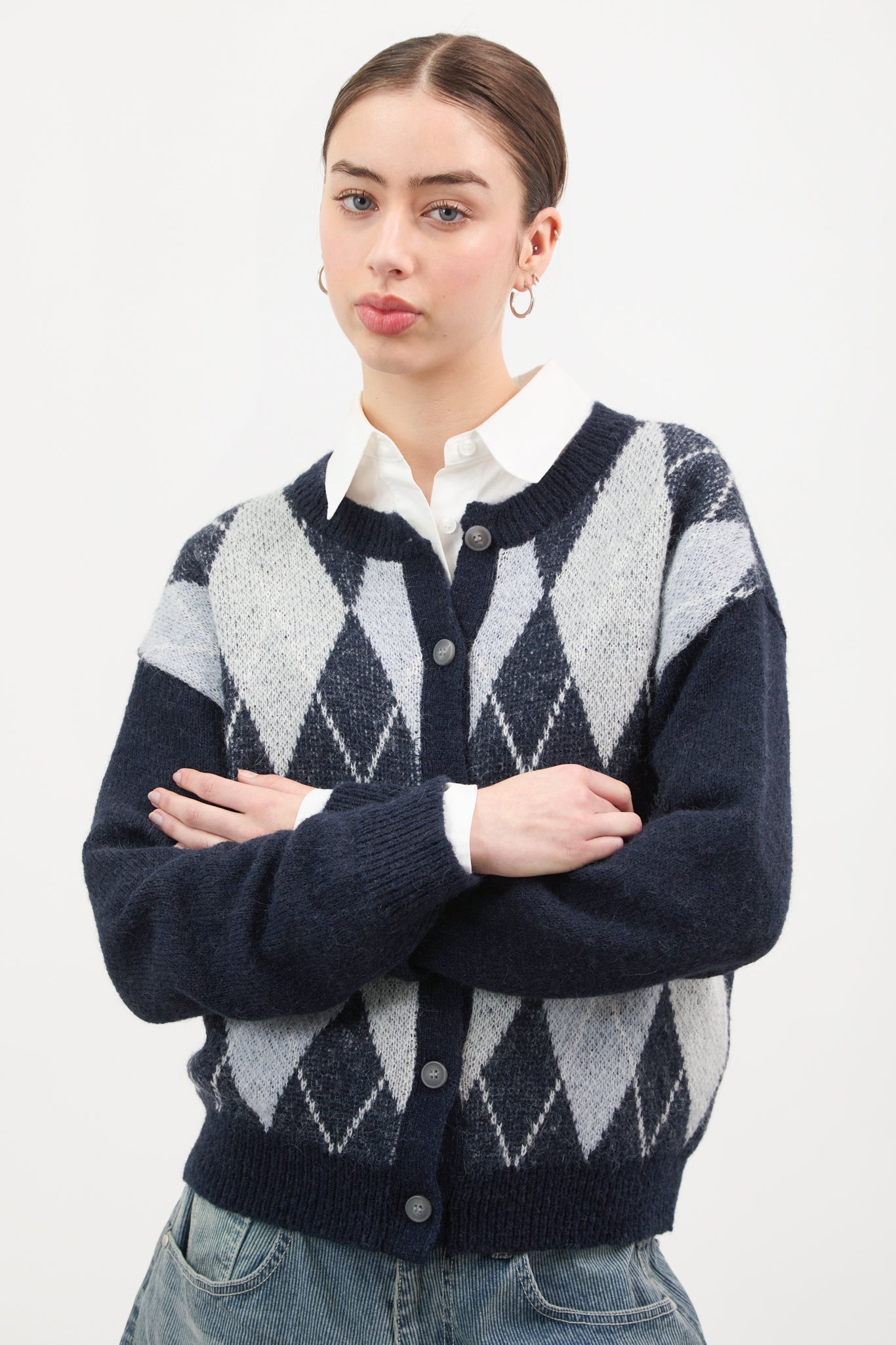 Navy blue and grey argyle alpaca wool blend cardigan_1