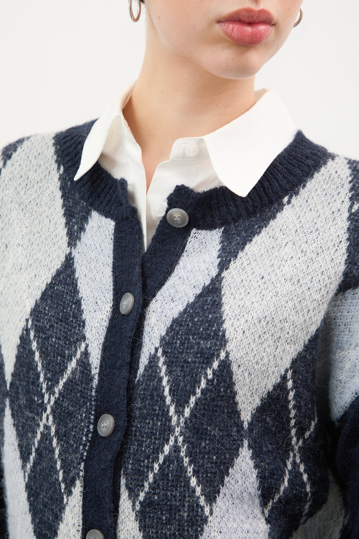 Navy blue and grey argyle alpaca wool blend cardigan_3