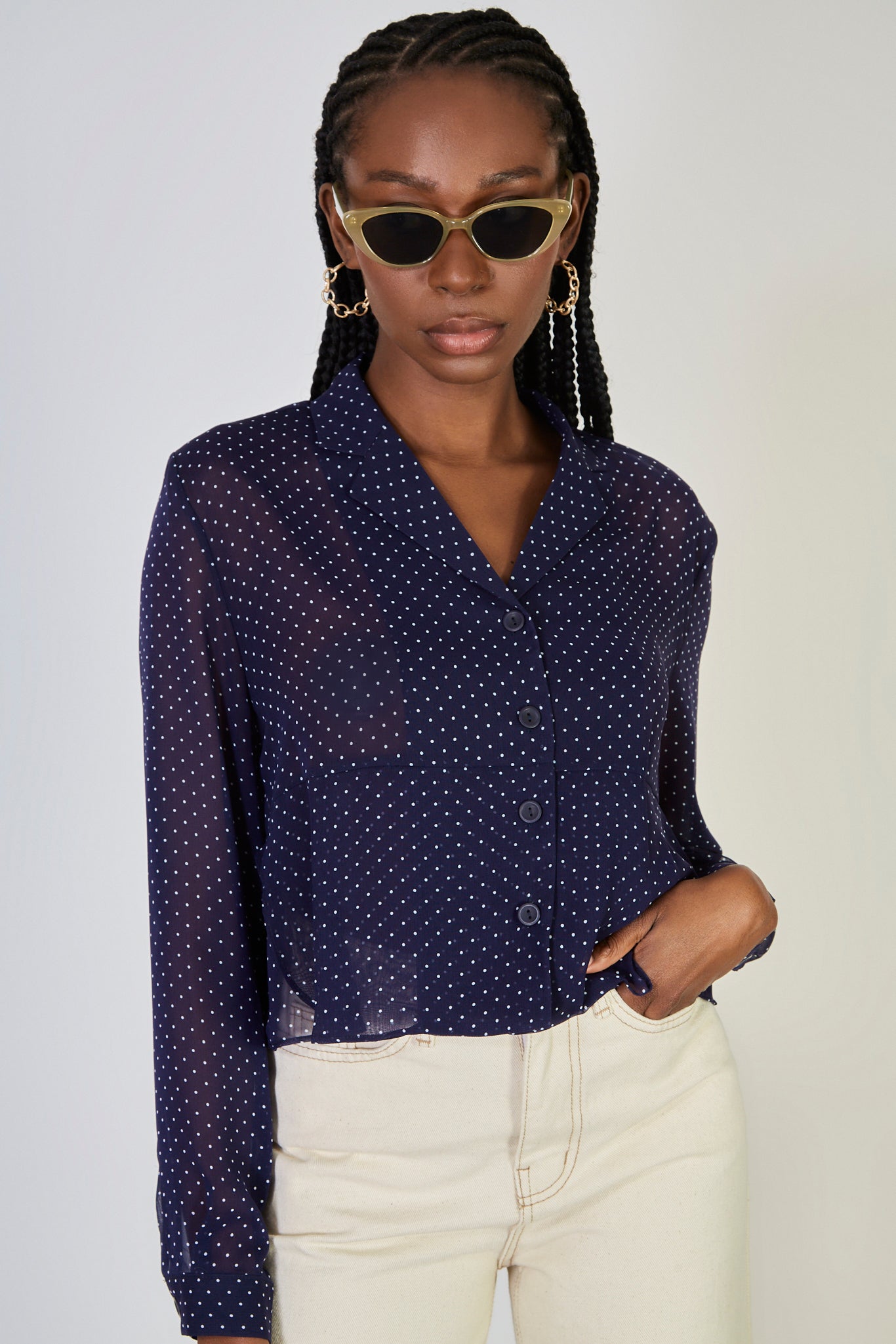 Navy blue and white polka dot semi sheer blouse_1