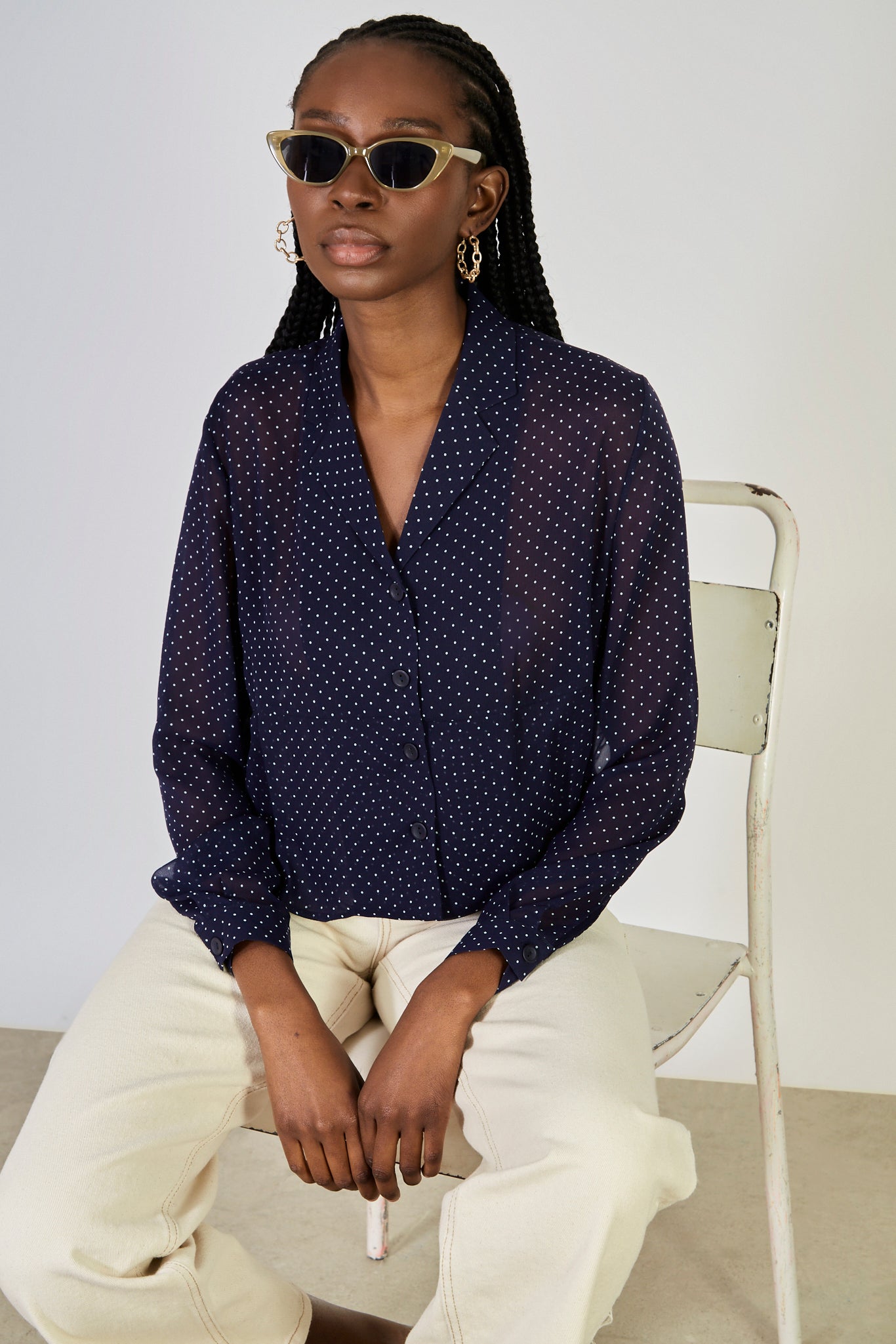 Navy blue and white polka dot semi sheer blouse_5