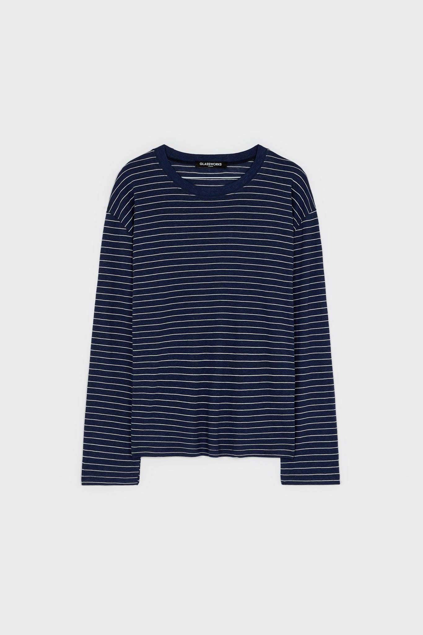 Navy blue and white thin striped linen blend long sleeved tee_1