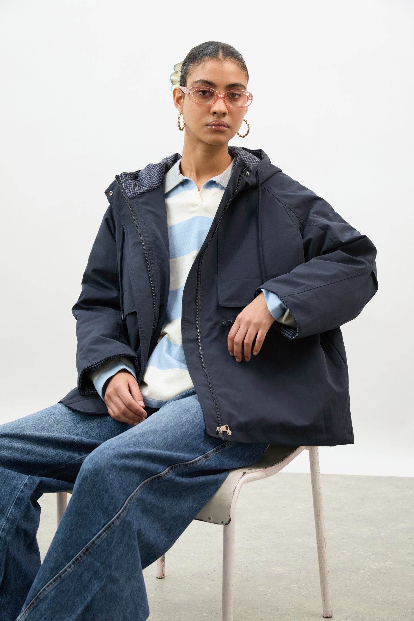 Navy blue checked lining hooded parka_6