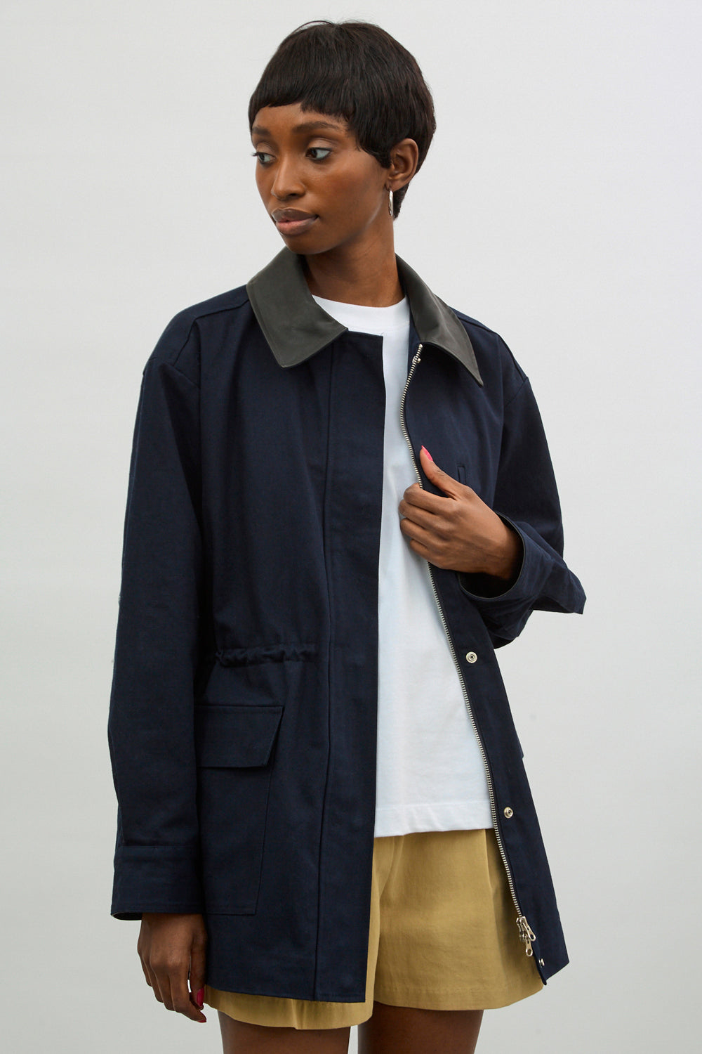 Navy blue contrast vegan leather collar jacket_2