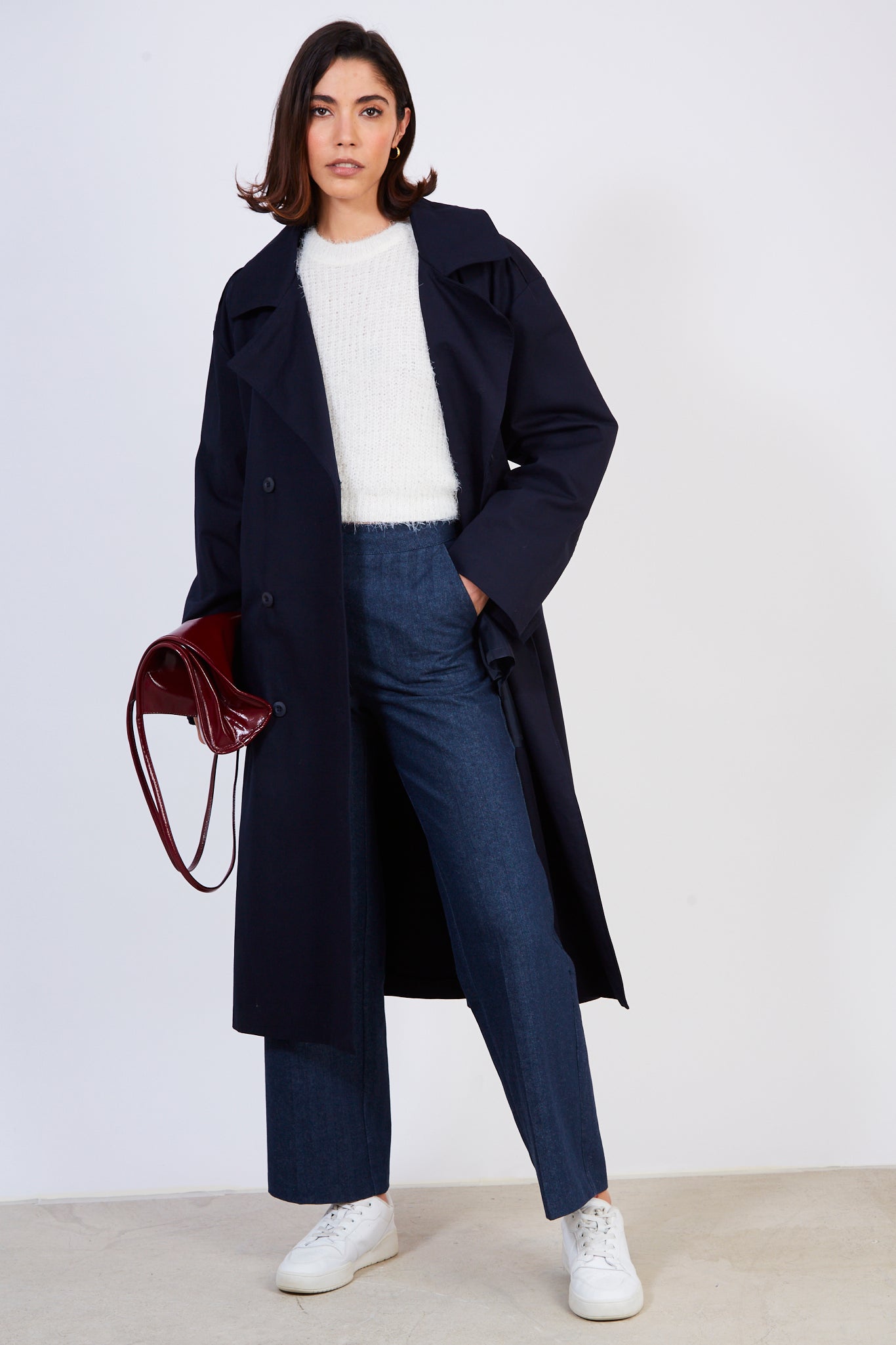 Navy blue double breasted trench coat_1