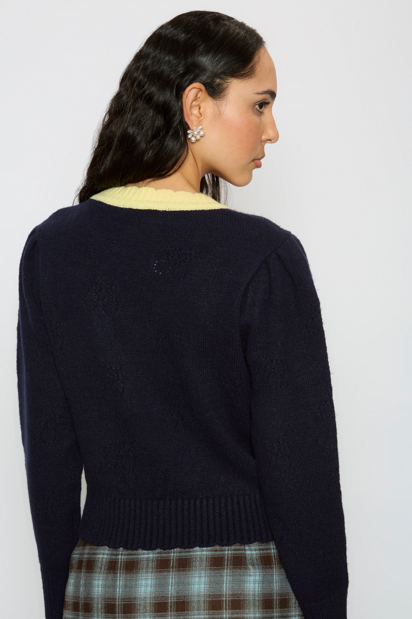 Navy blue intarsia floral yellow scalloped trim jumper_2