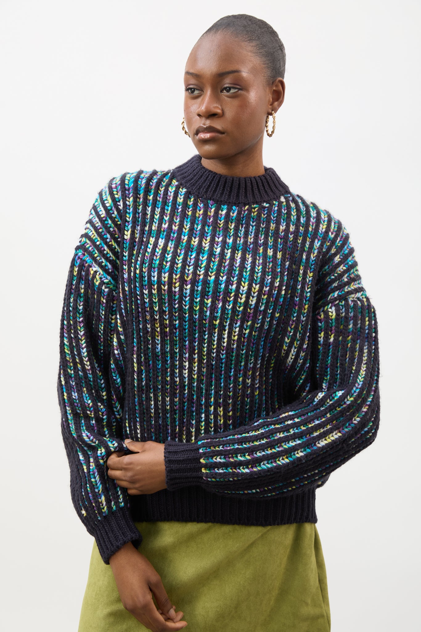 Navy blue rainbow ribbed mock neck jumper_1