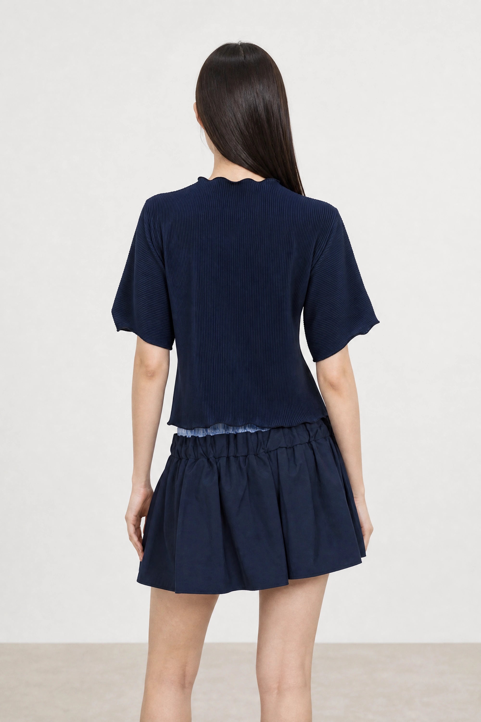 Navy blue ribbed mock neck blouson sleeve top_2