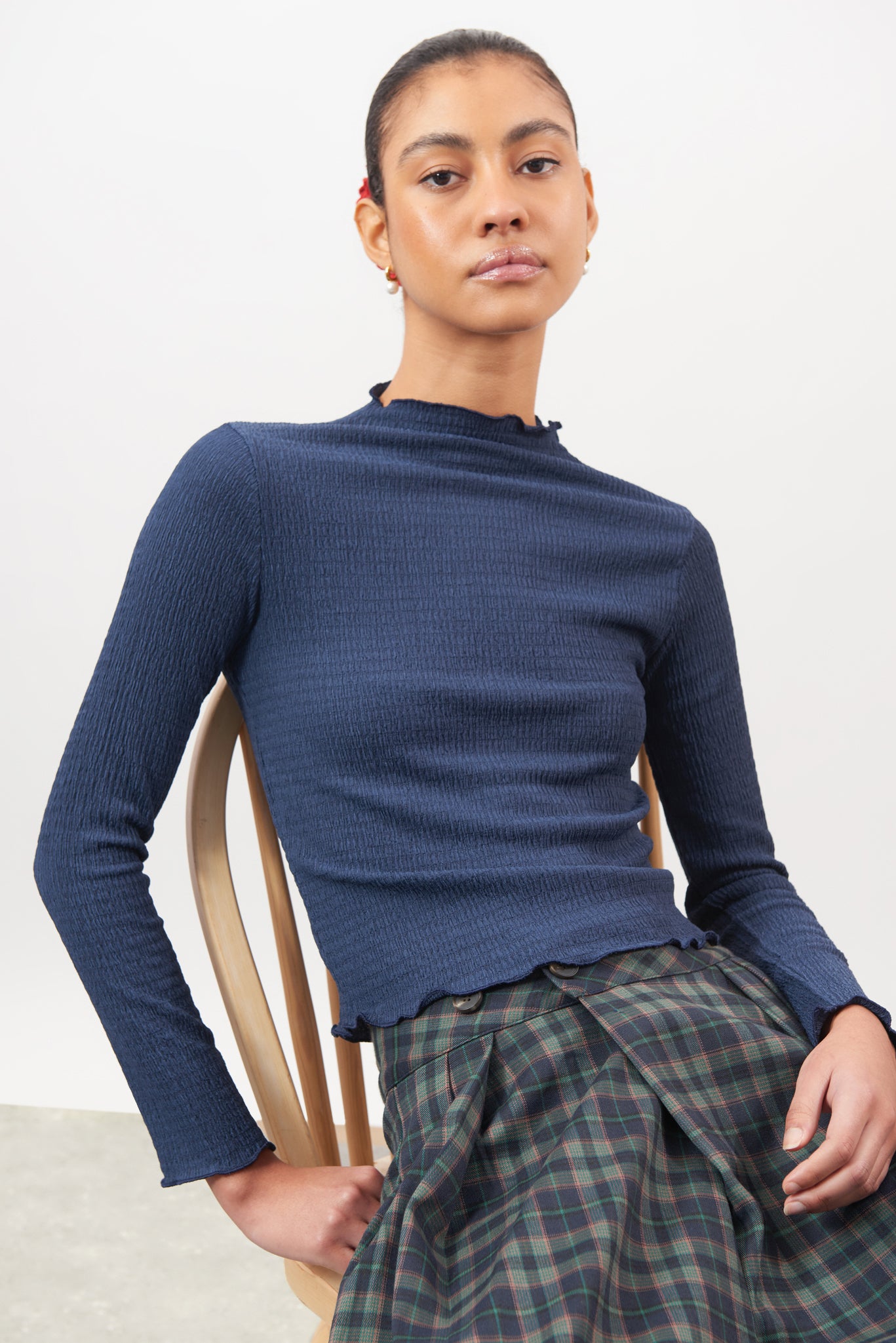 Navy blue textured mock neck top_5