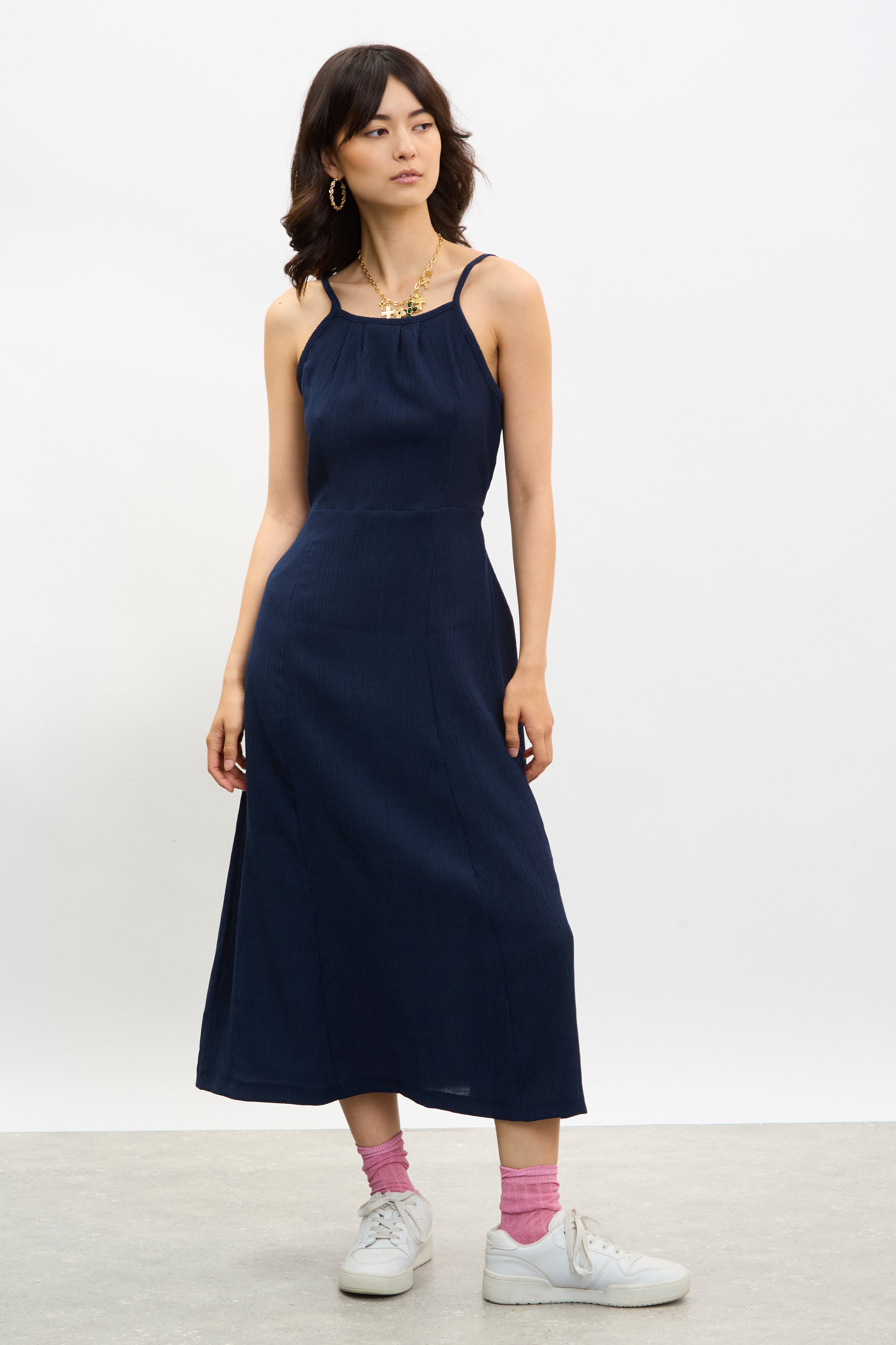 Navy blue tie waist thin strap midi dress_1