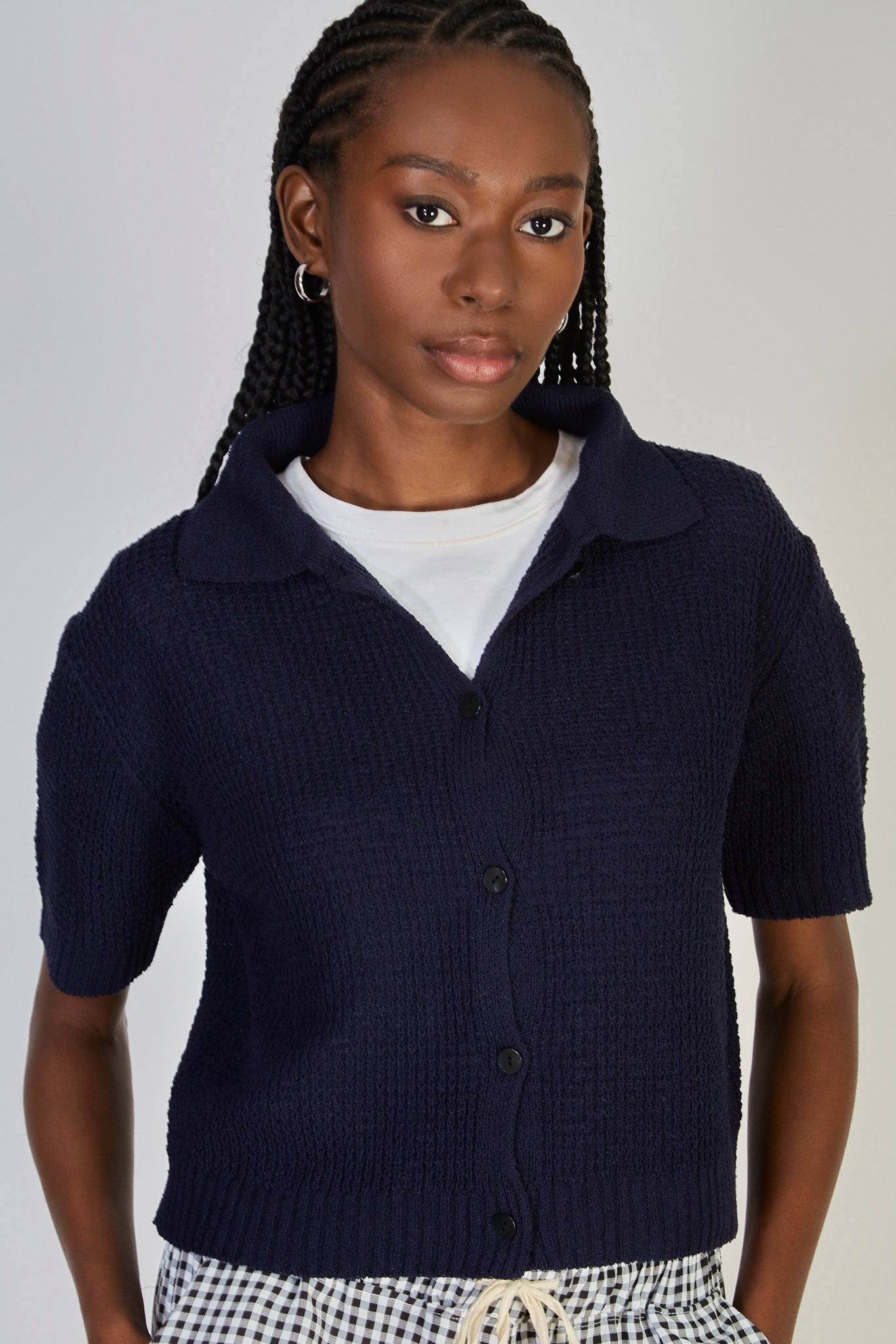 Navy blue waffle knit button up tee_1