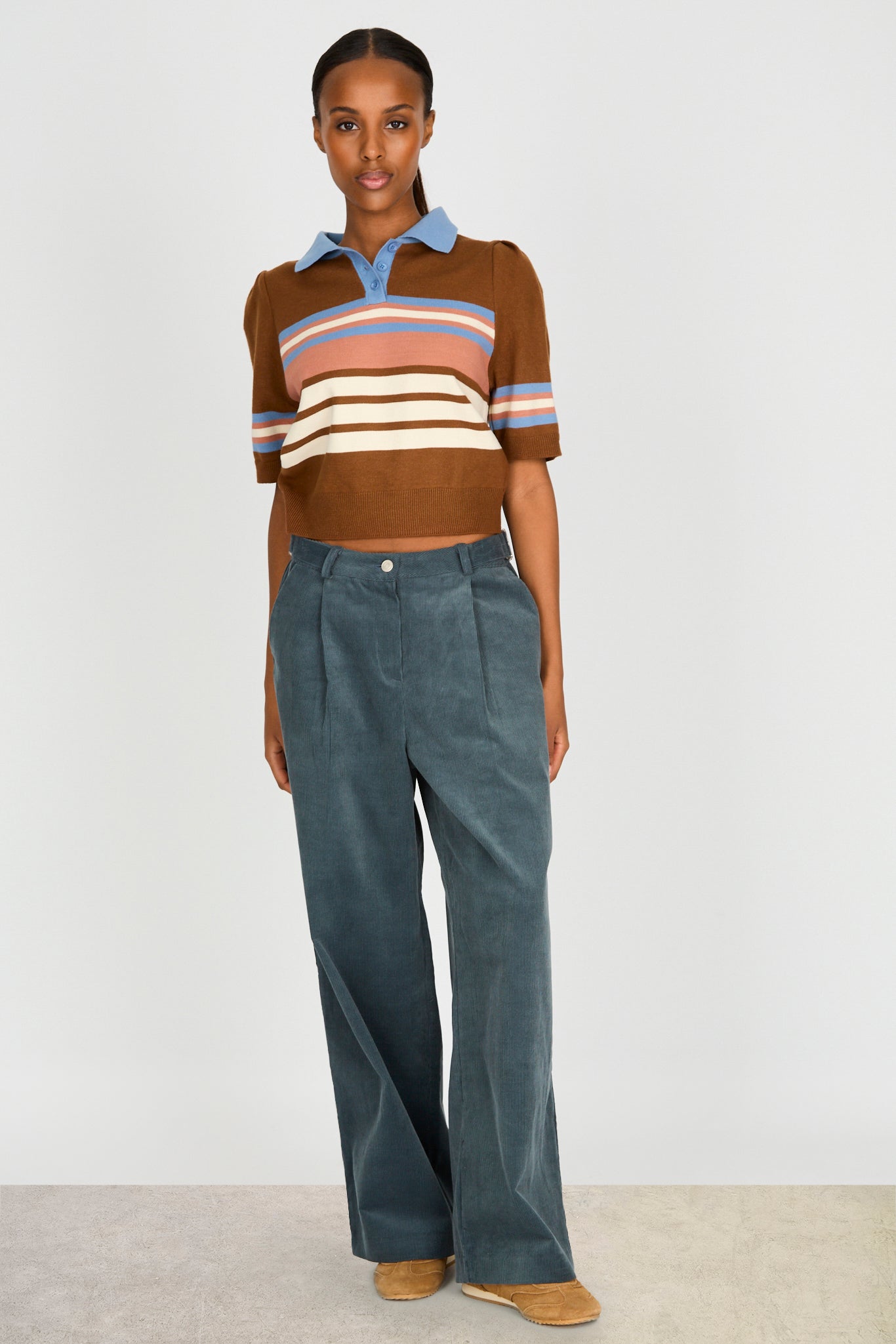 Navy cinch waist corduroy trousers_4