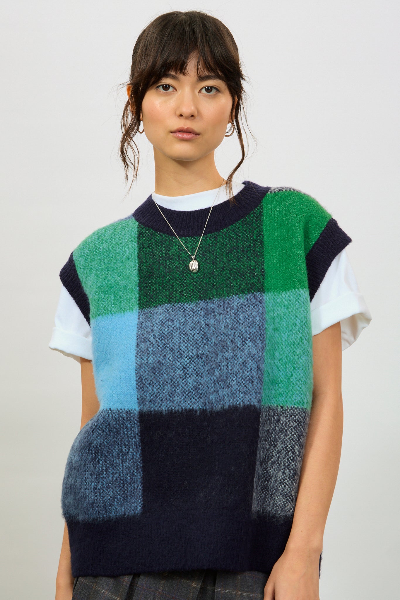 Navy green and light blue block check sweater vest_2