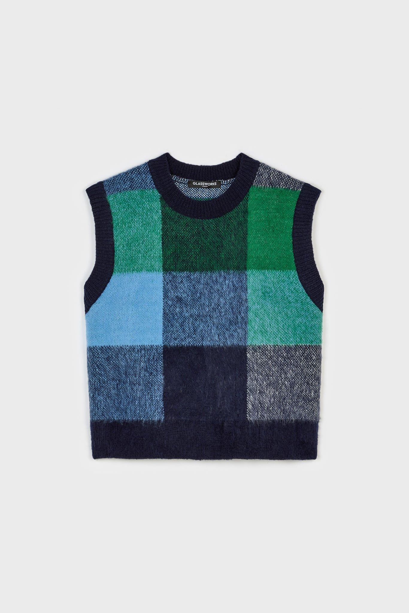 Navy green and light blue block check sweater vest_6