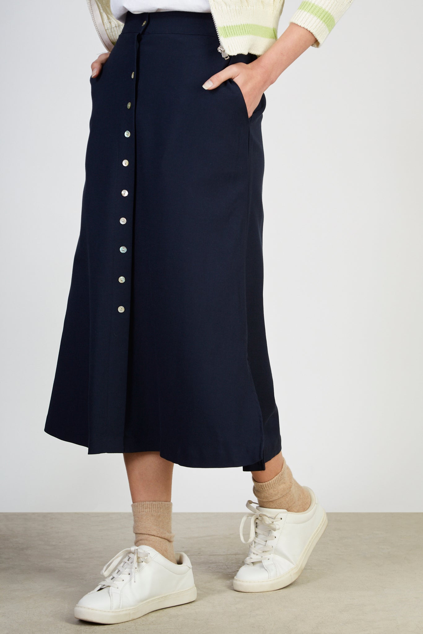 Navy linen blend button front skirt_1