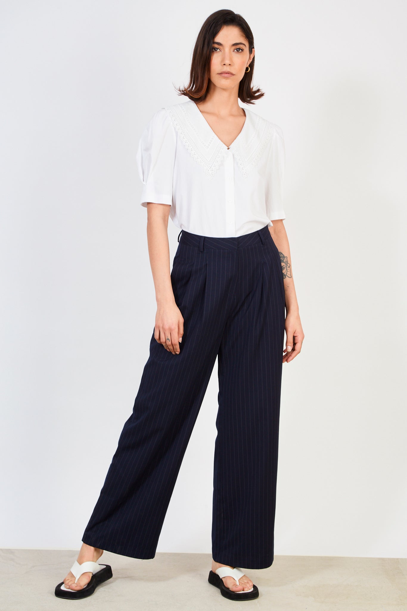 Navy pinstripe double pleat trousers_4
