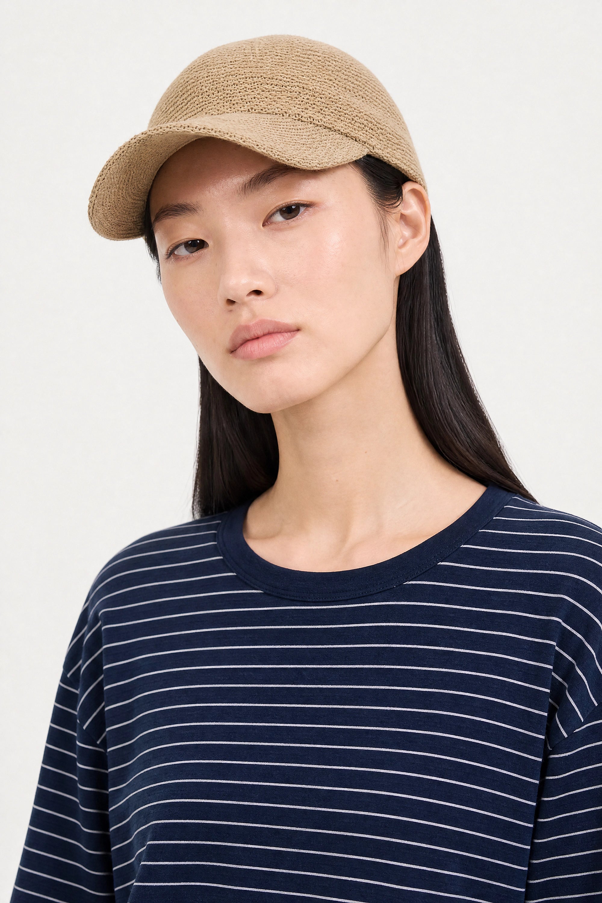 Navy blue and white thin striped linen blend long sleeved tee_3
