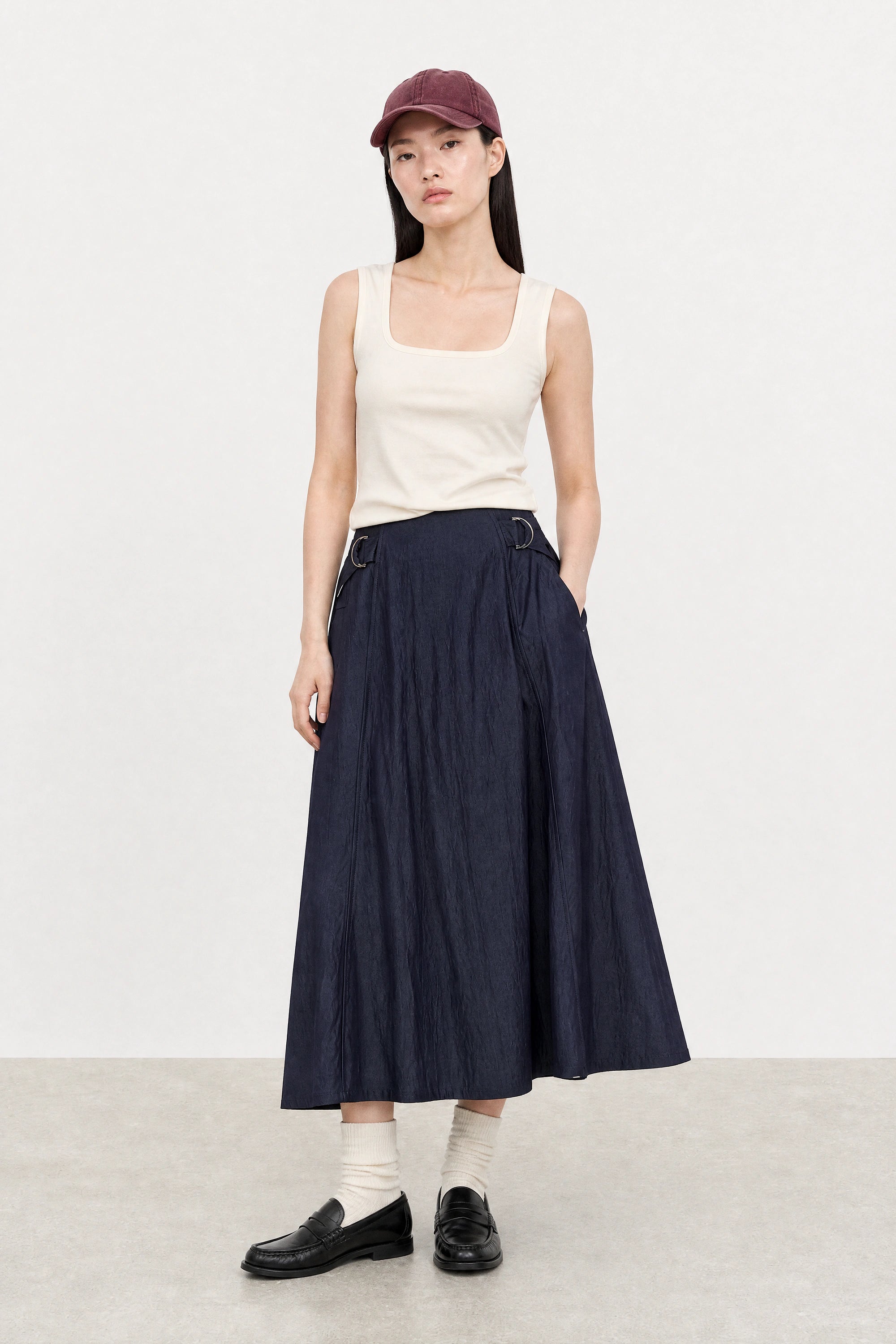 Navy blue double side belt maxi skirt_4