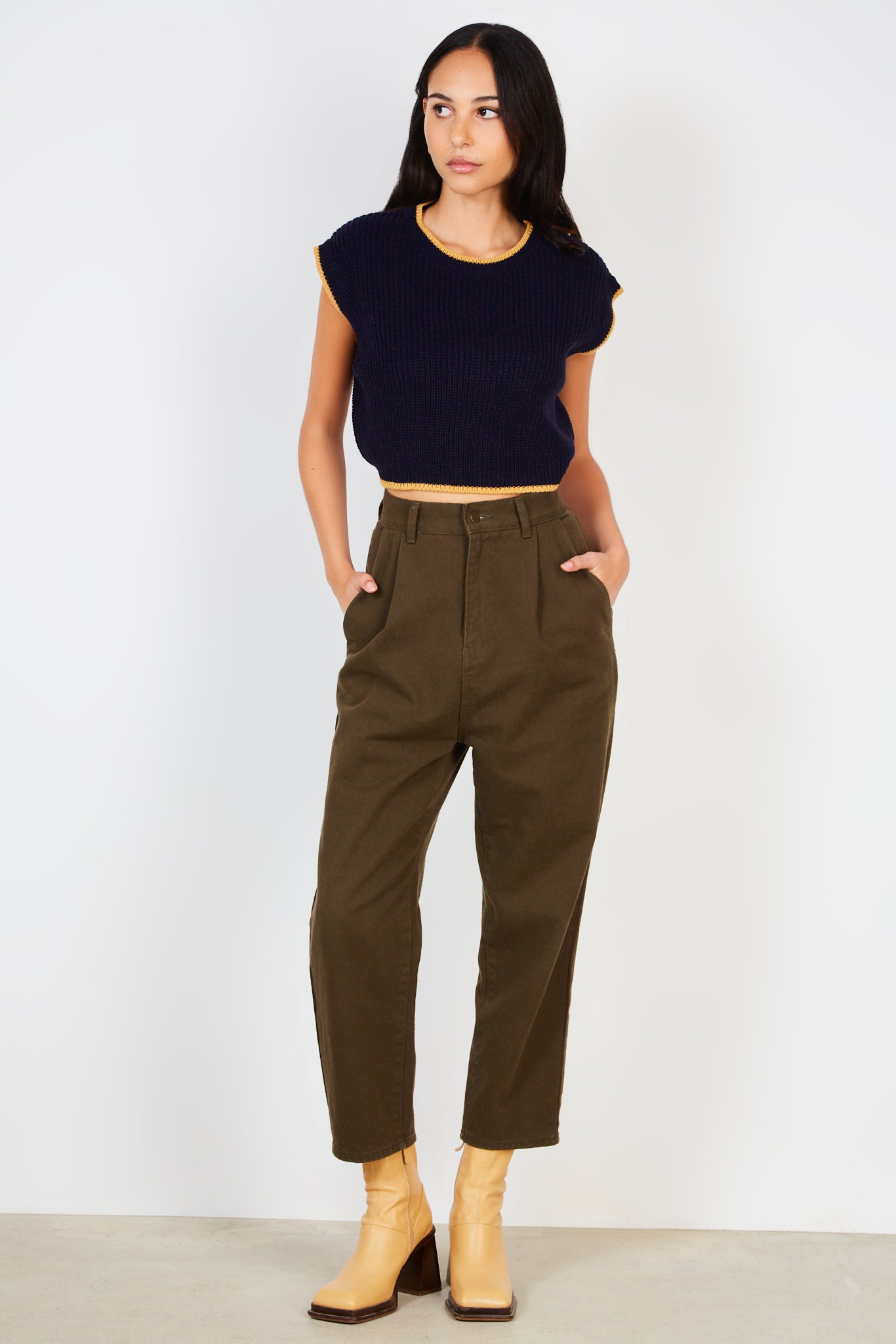 Navy and beige trim open tie back sweater vest_3