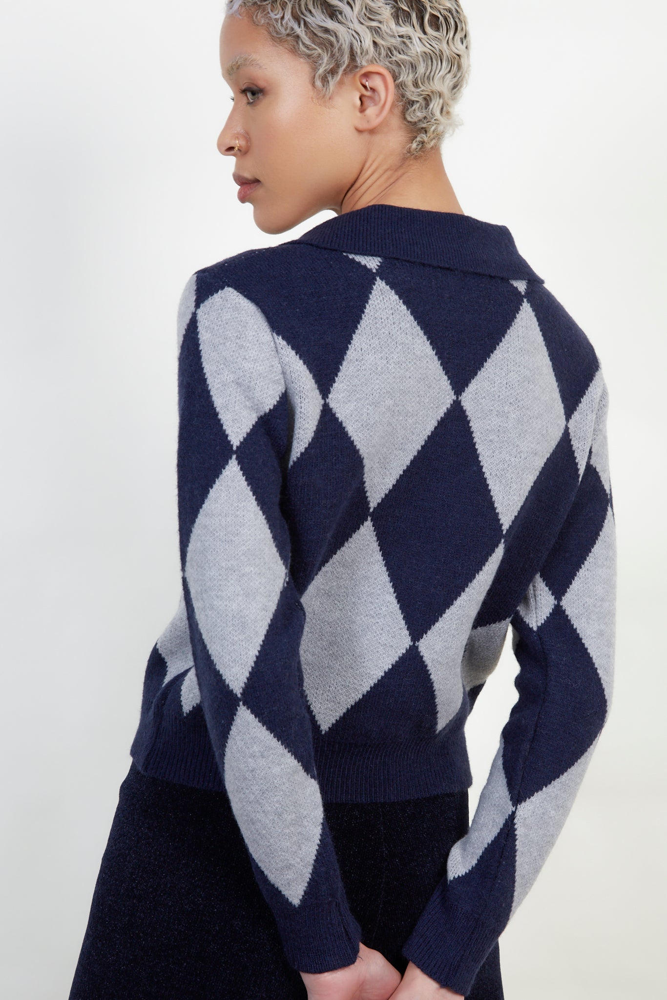 Navy and grey intarsia argyle zip cardigan_3
