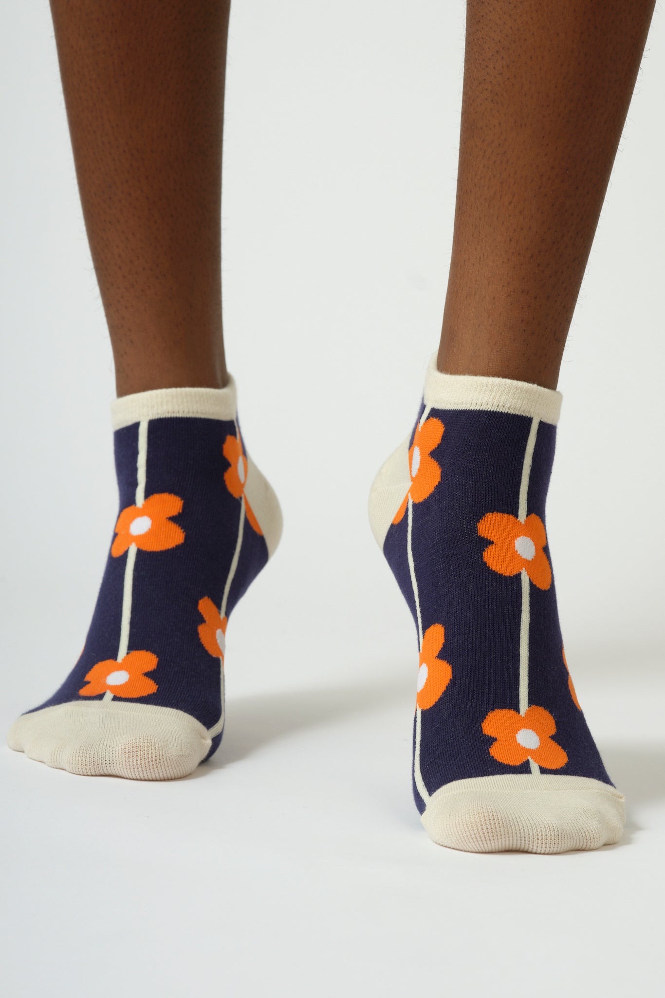 Navy and orange graphic flower socks_2