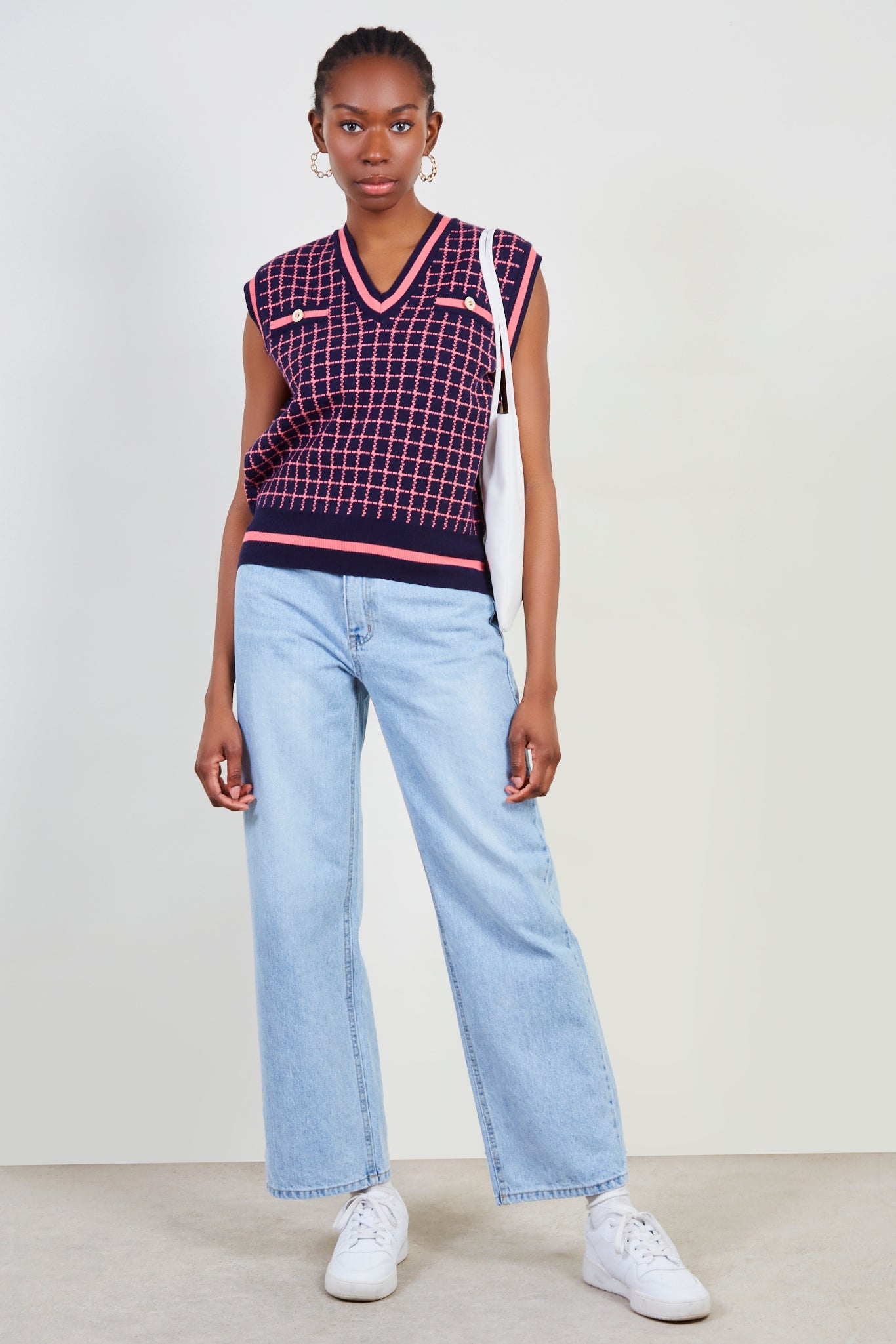 Navy and pink box check sweater vest_3