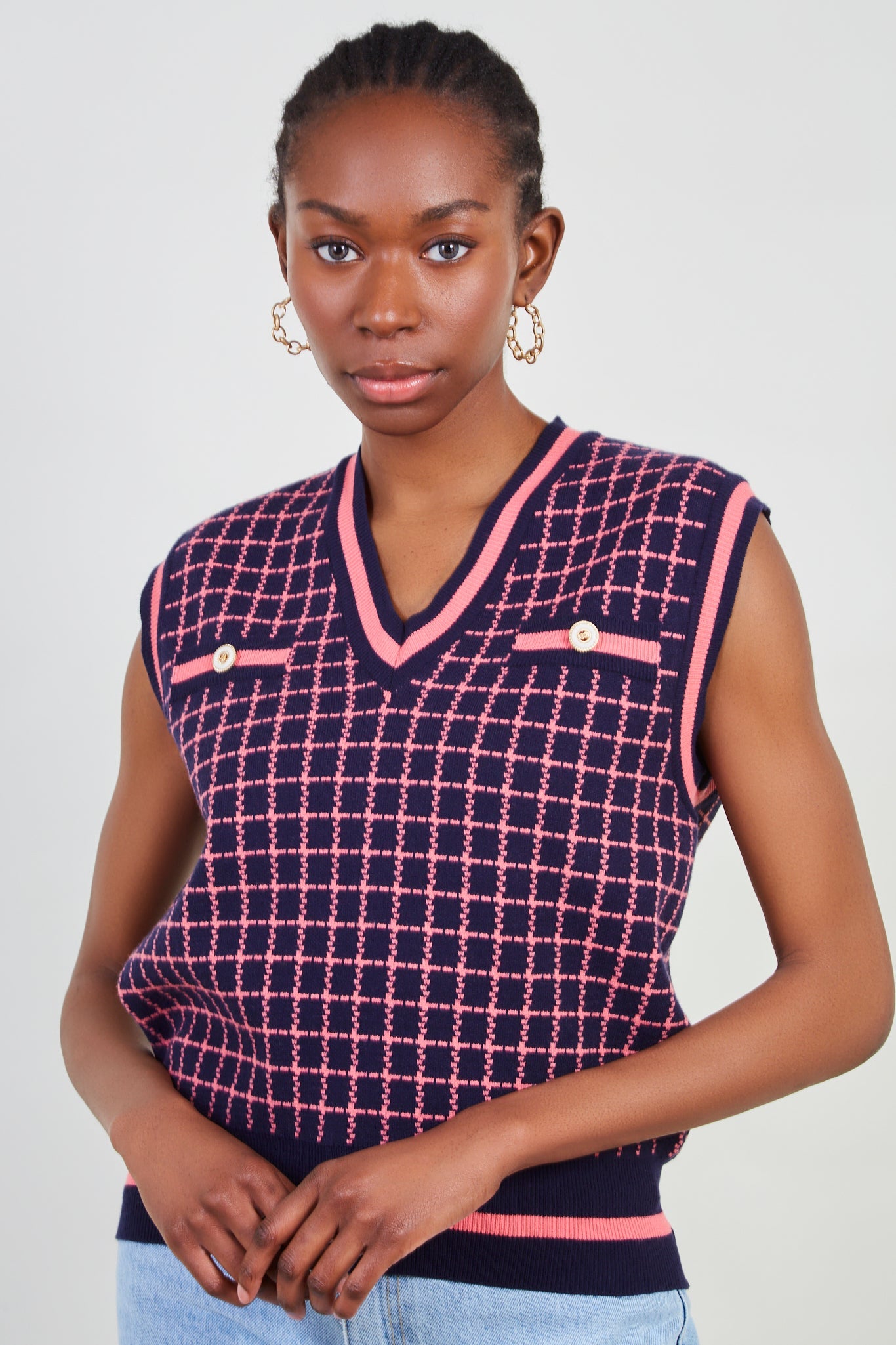 Navy and pink box check sweater vest_1