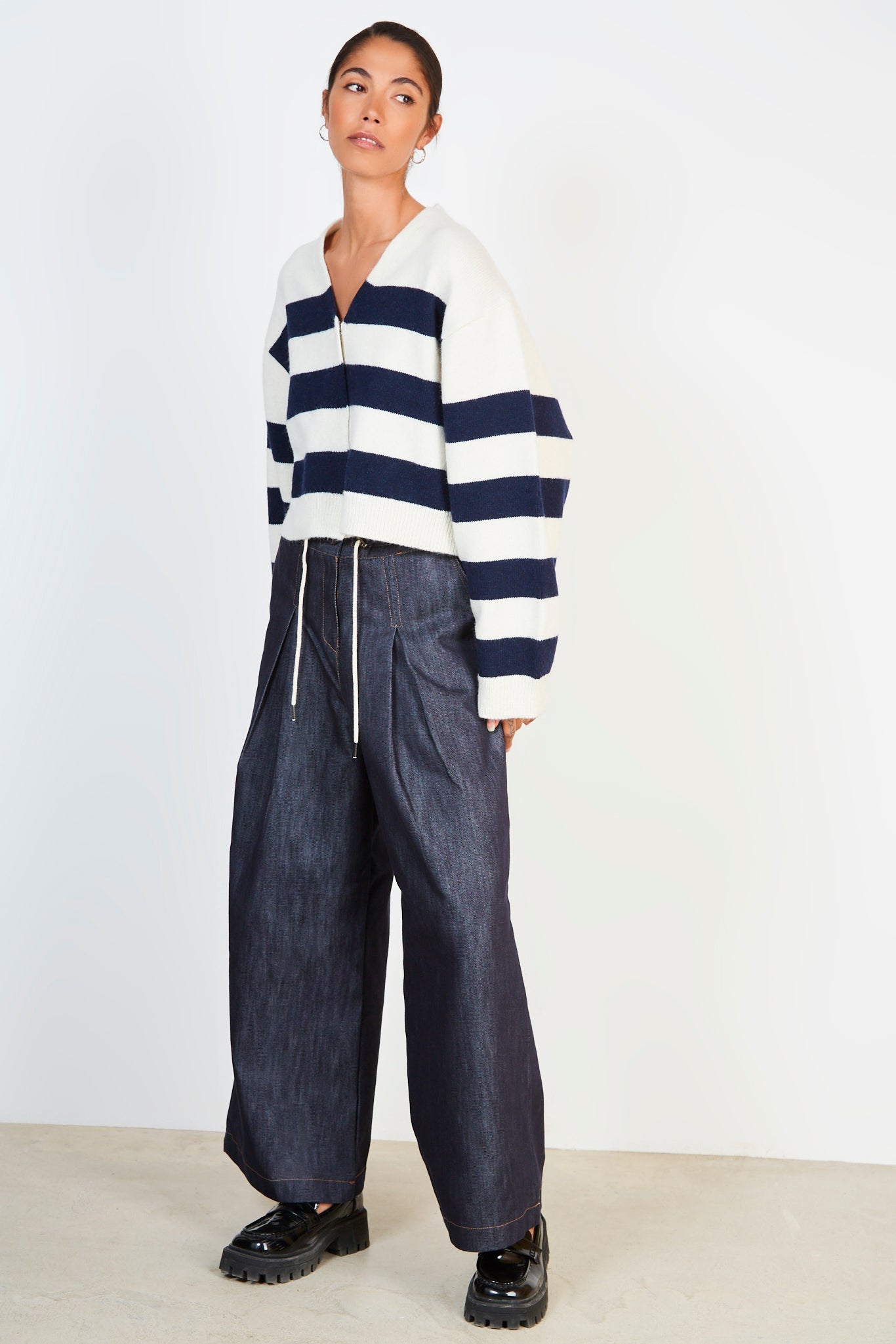 Navy and white alpaca wool blend block stripe cardigan_3