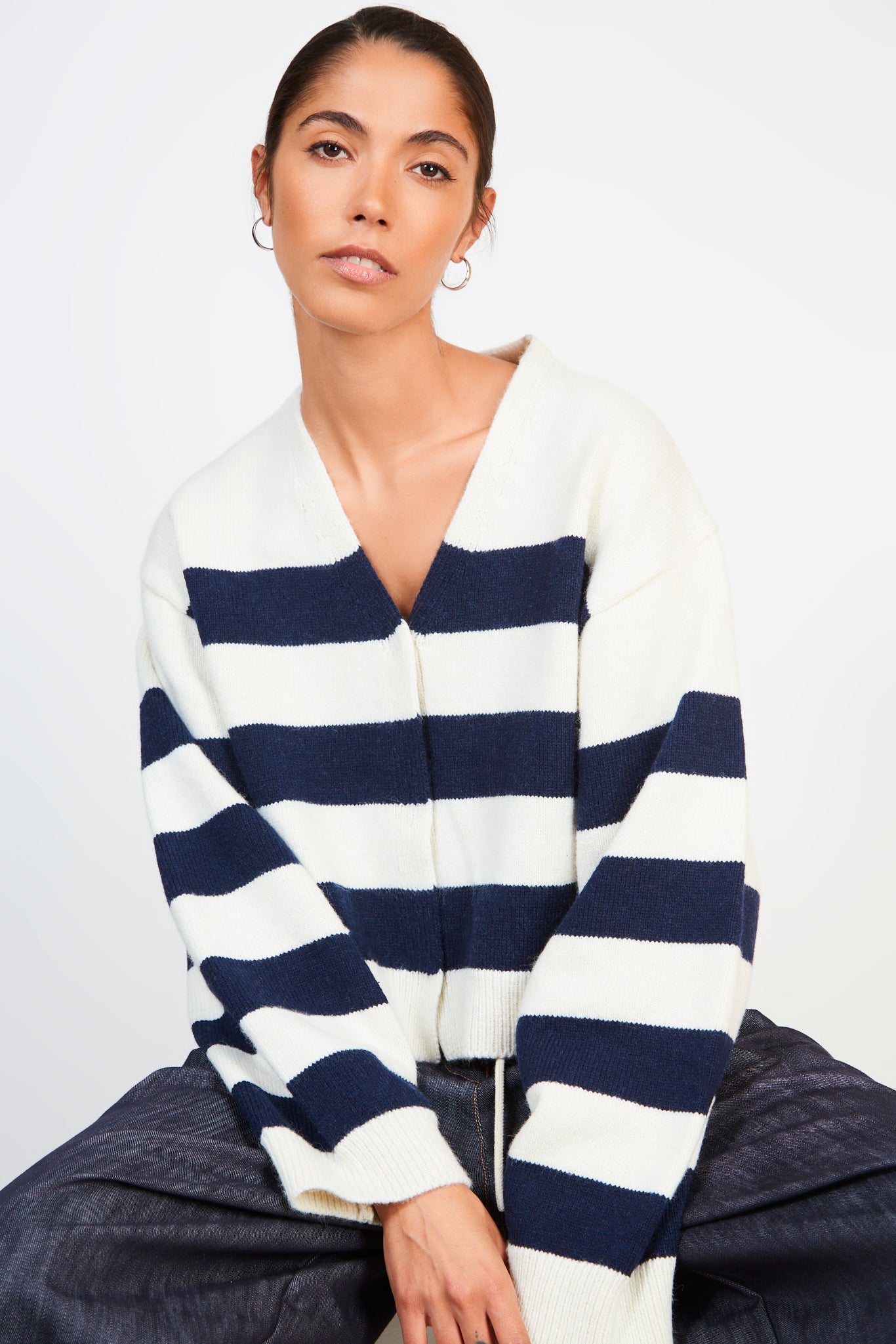 Navy and white alpaca wool blend block stripe cardigan_5