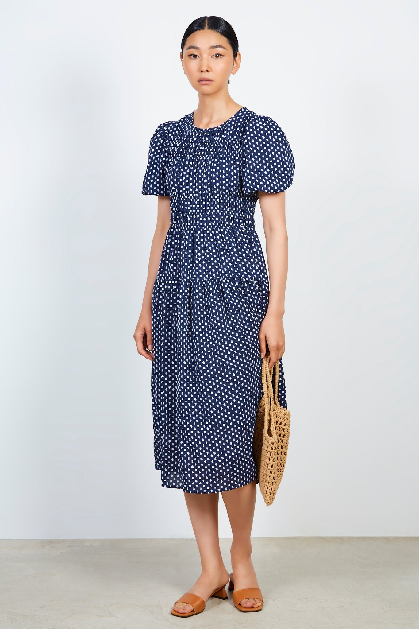 Navy and white flower smocked dress_1